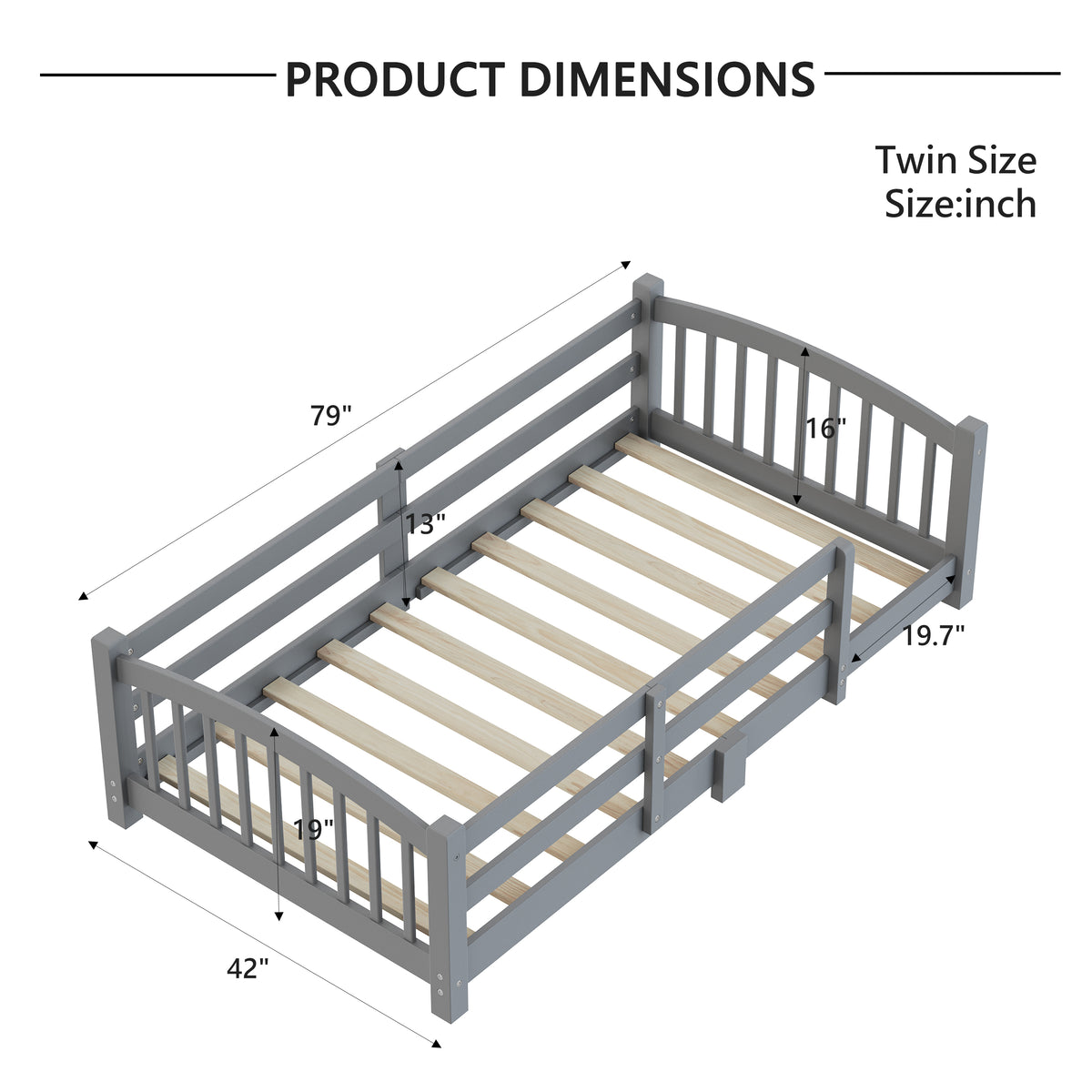 variant-group:rf-n733p400298e|Roomfitters Twin Montessori Floor Bed with Guardrails, Solid Wood Low Platform Bed with Slats, Easy Assembly, Gray
