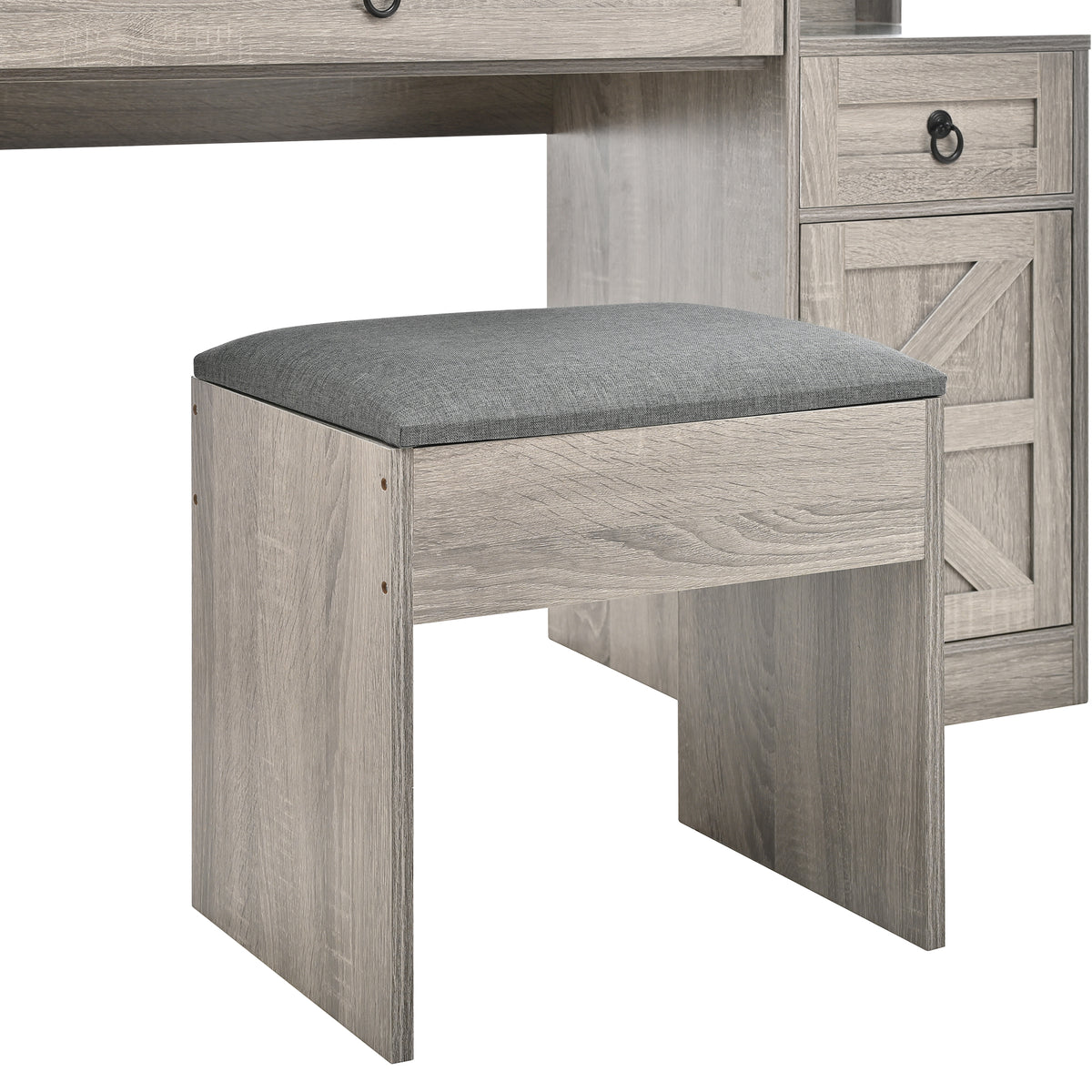variant-group:rf-n733p340562g|Roomfitters Farmhouse Vanity Desk with Sliding Mirror & Lights, Glass Top, Charging Station, 4 Drawers, 2 Cabinets, Stool, Gray