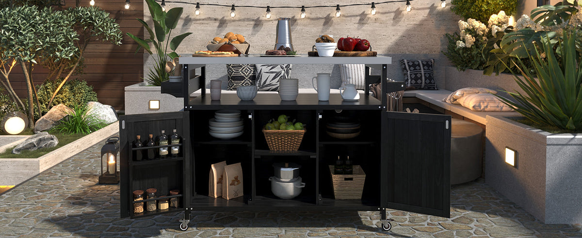 Roomfitters Outdoor Kitchen Island, Rolling Bar Cart with Storage Cabinet, Wood Grill Table, Stainless Steel Top, Spice Rack, Black
