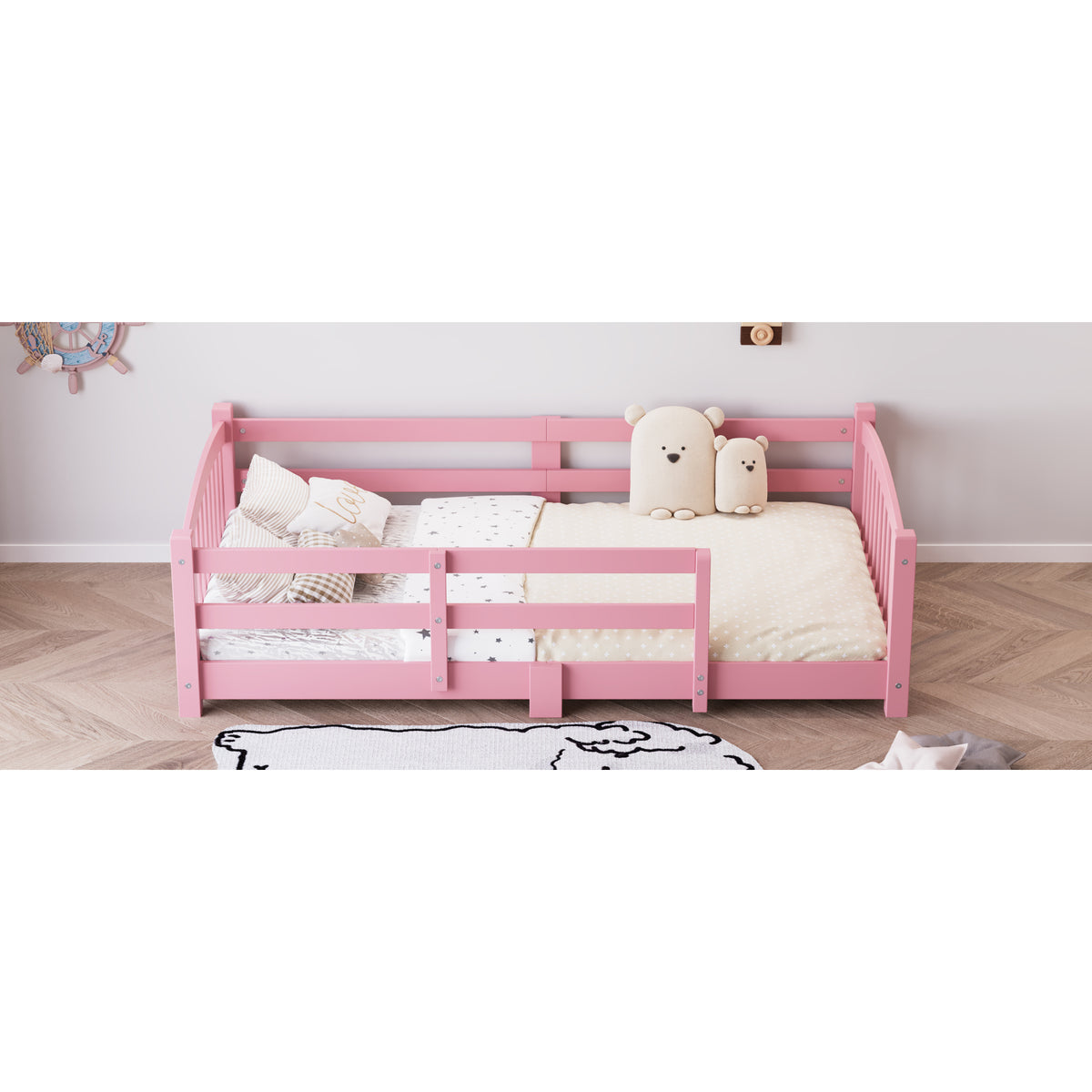 variant-group:rf-n733p400298h|Roomfitters Twin Montessori Floor Bed with Guardrails, Solid Wood Low Platform Bed with Slats, Easy Assembly, Pink