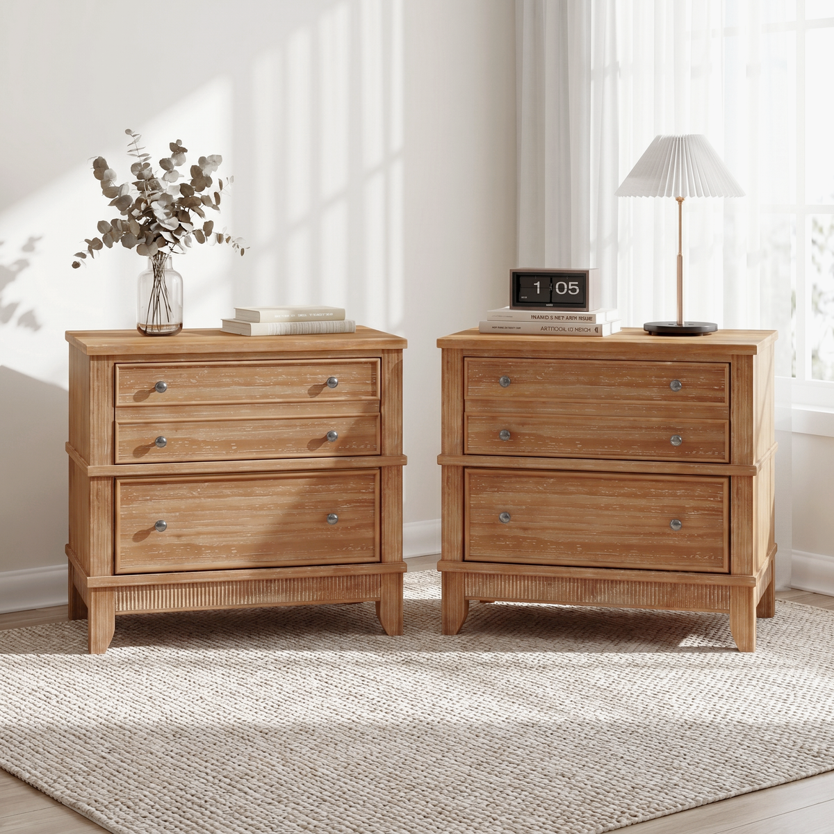 variant-group:rf-n701bs701p183796d|Roomfitters 3 Drawer Farmhouse Wood Nightstand Set of 2, Fully Assembled Bedside Accent Side Table, Felt Lined, Hazel