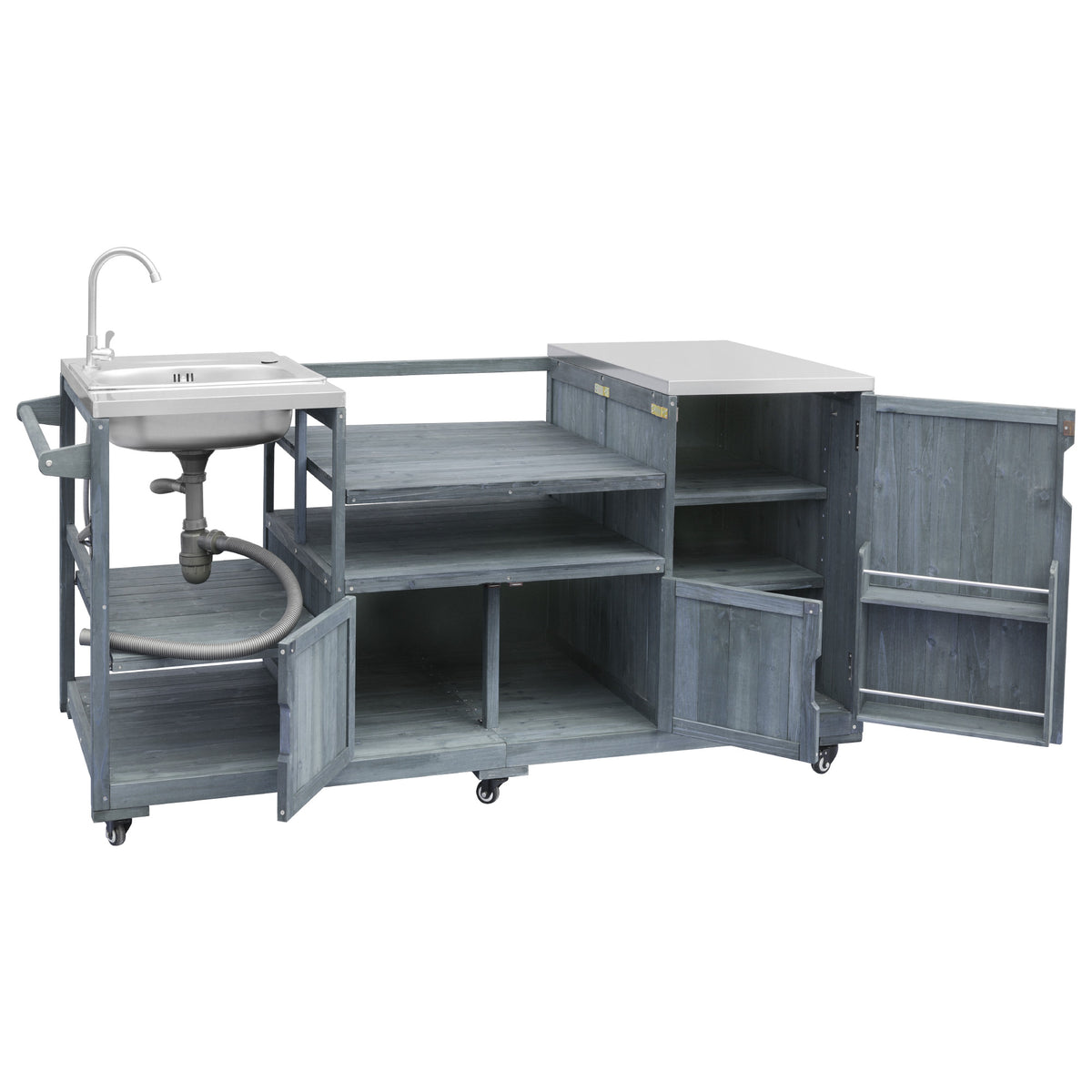 variant-group:rf-n707s000022g|Roomfitters 75.4" Outdoor Kitchen Island with Sink, Fir Wood Grill Cart for XL Green Egg & Tabletop Grills, Grey Blue