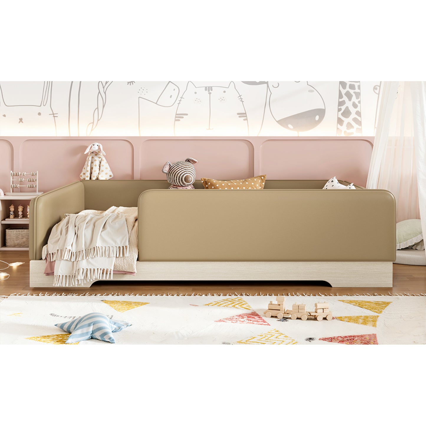 variant-group:rf-w1580s00670|Roomfitters Full Size Upholstered Floor Bed Frame with Removable Guardrails, Faux Leather Low Profile Platform, Brown