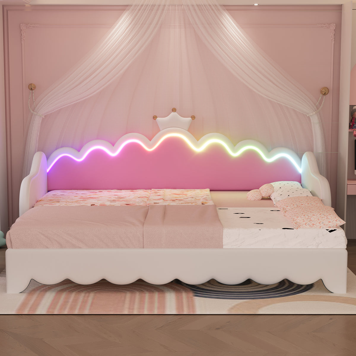 variant-group:rf-n733hl000104aak|Roomfitters Twin Extending Daybed with Lights, Modern Upholstered Princess Daybed with Crown Headboard, Sophisticated and Functional Design, White