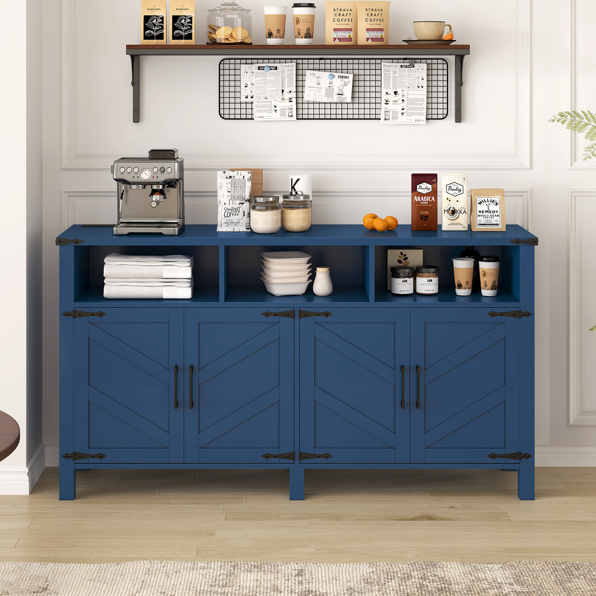 variant-group:rf-n711p347407v|Roomfitters 59" Sideboard Buffet Cabinet with 4 Door & Open Storage, Modern Farmhouse Industrial Coffee Bar Station, Navy Blue