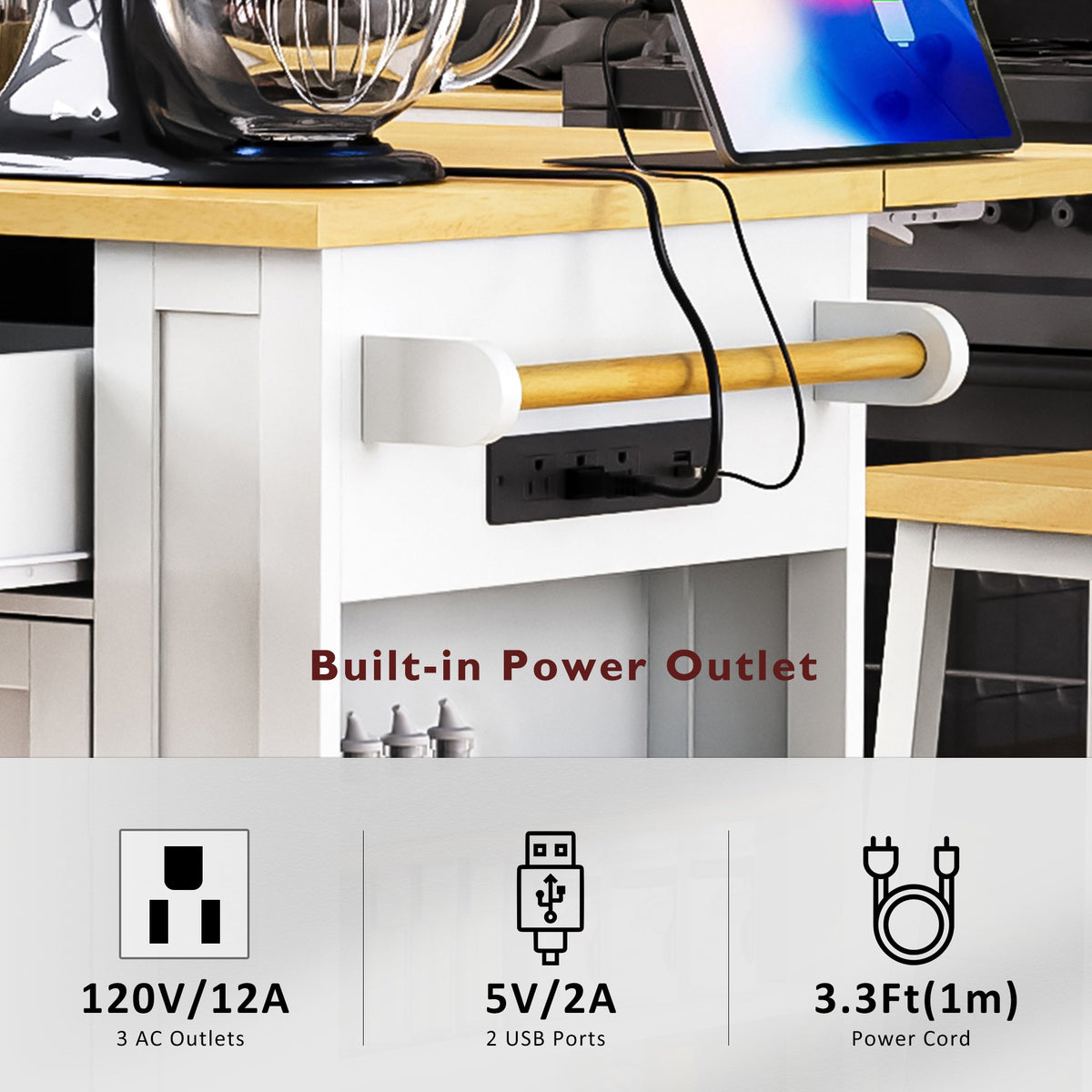 variant-group:rf-n707s257057w|Roomfitters 48" Kitchen Island with Power Outlet and Drop Leaf, Rolling Storage Cabinet with Wood Top and Spice Rack, White