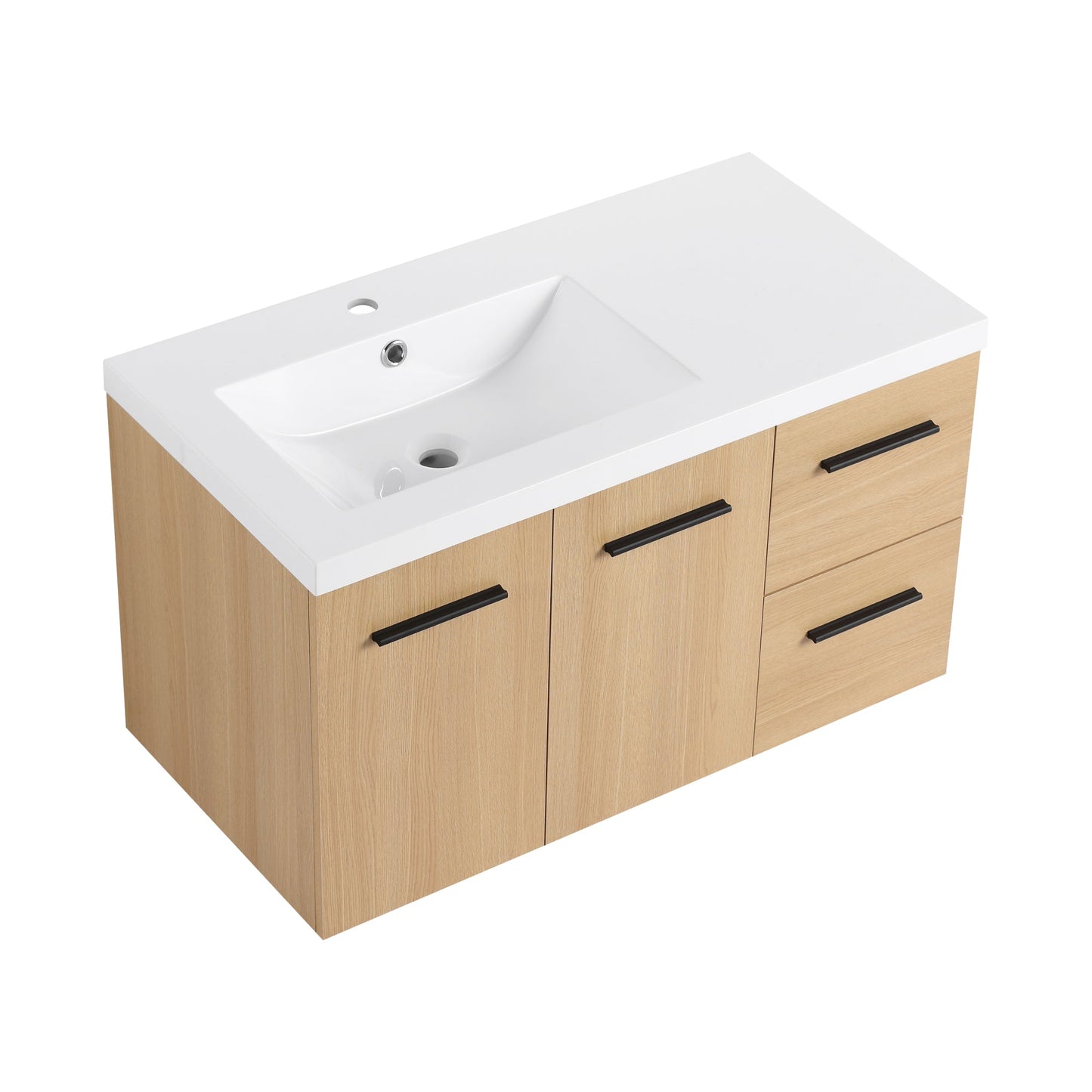 36" Wall-Mounted Floating Bathroom Vanity with Sink, Light Oak, 2-Door & 2-Drawer Modular Cabinet, Gel Coat Sink Top, 3 Boxes Roomfitters