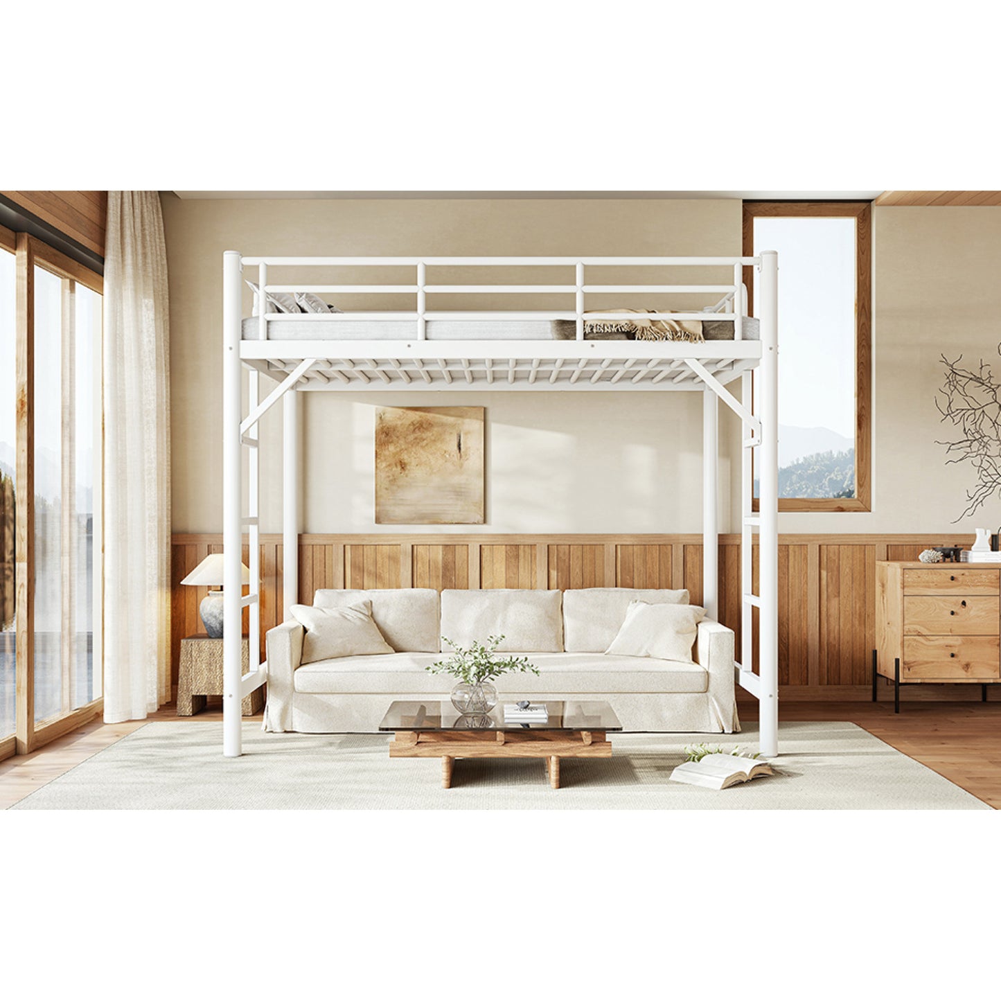 variant-group:rf-w1580p455012|Roomfitters Twin Size Metal Loft Bed Frame with Guardrails, Heavy Duty Space Saving High Loft Bed Dual Ladders, White