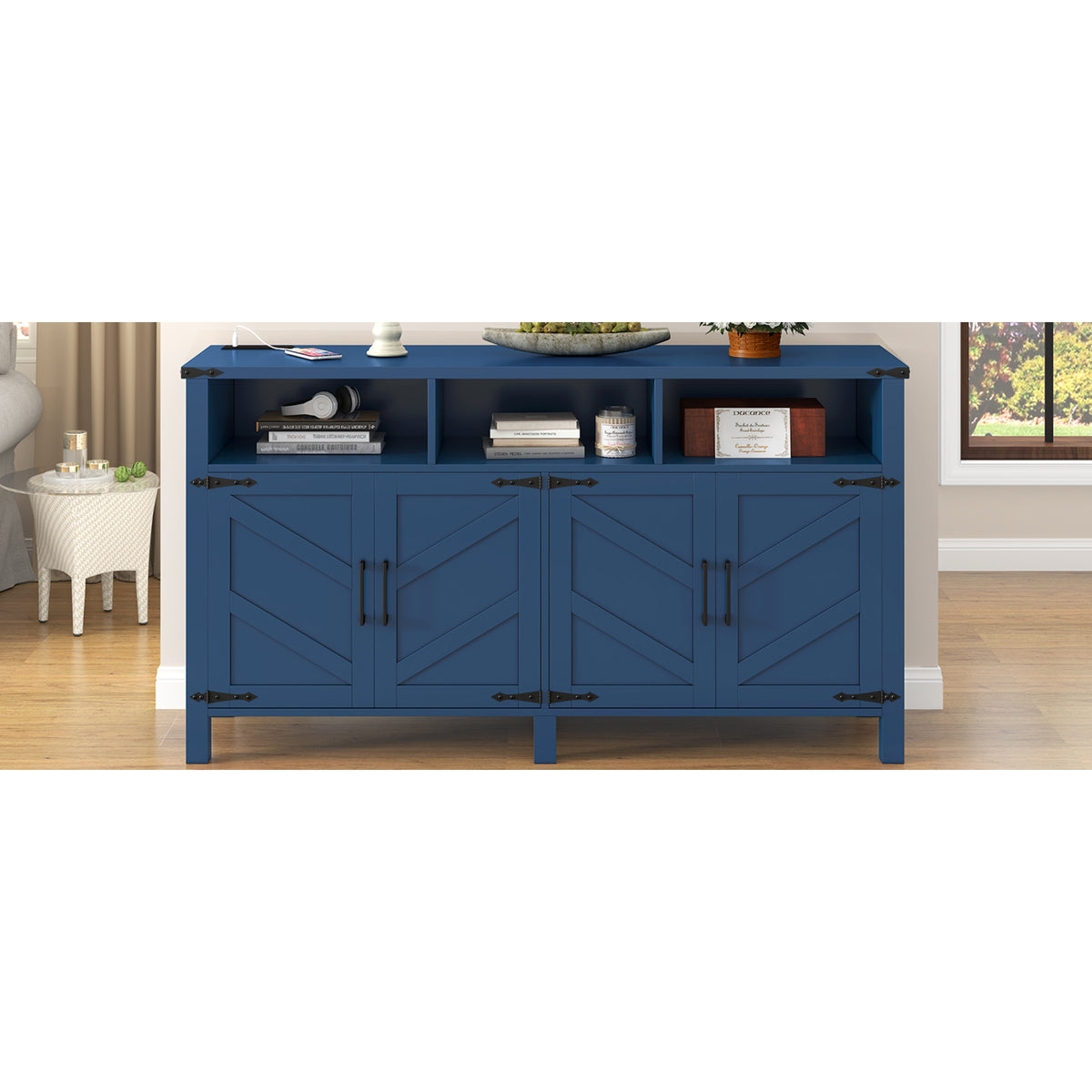 variant-group:rf-n711p347407v|Roomfitters 59" Sideboard Buffet Cabinet with 4 Door & Open Storage, Modern Farmhouse Industrial Coffee Bar Station, Navy Blue