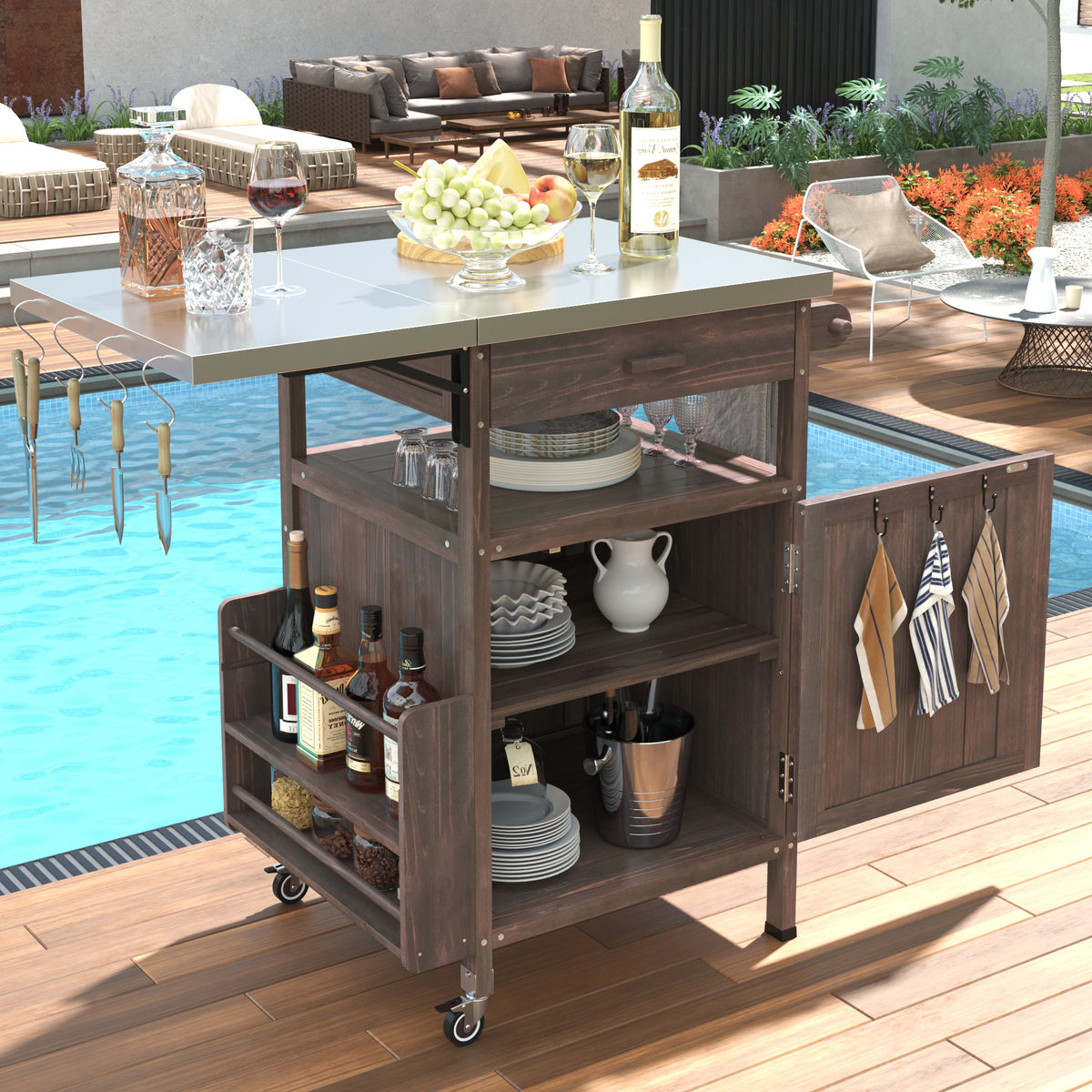 variant-group:rf-n707p228272z|Roomfitters 40.5" Outdoor Grill Cart with Stainless Steel Top, Wood Storage Cabinet, Drop Leaf, Rolling Cart, Brown