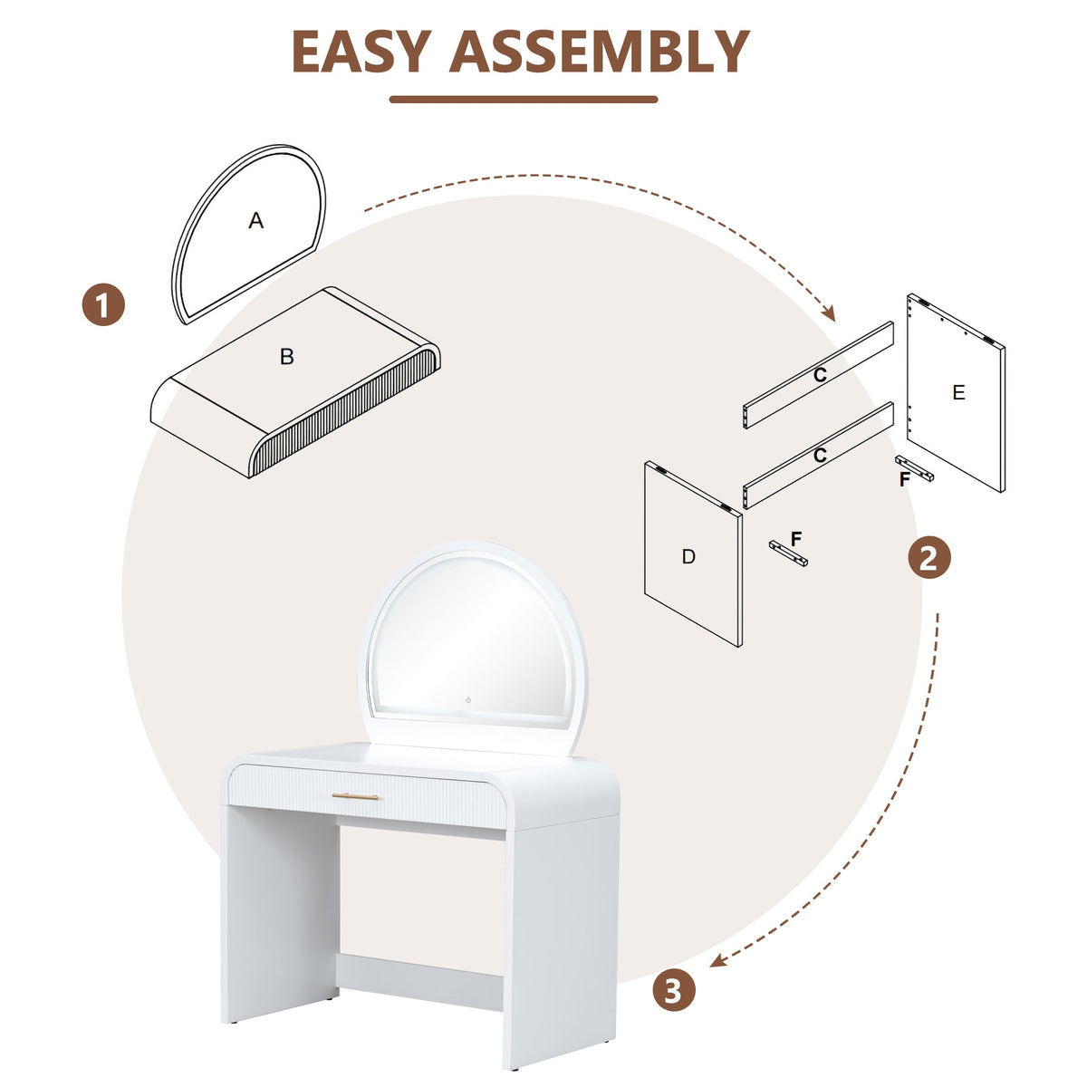 Roomfitters 39" Makeup Vanity Table with Mirror Touch Screen Lighted Mirror, Dressing Table with Drawer for Bedroom, White Roomfitters