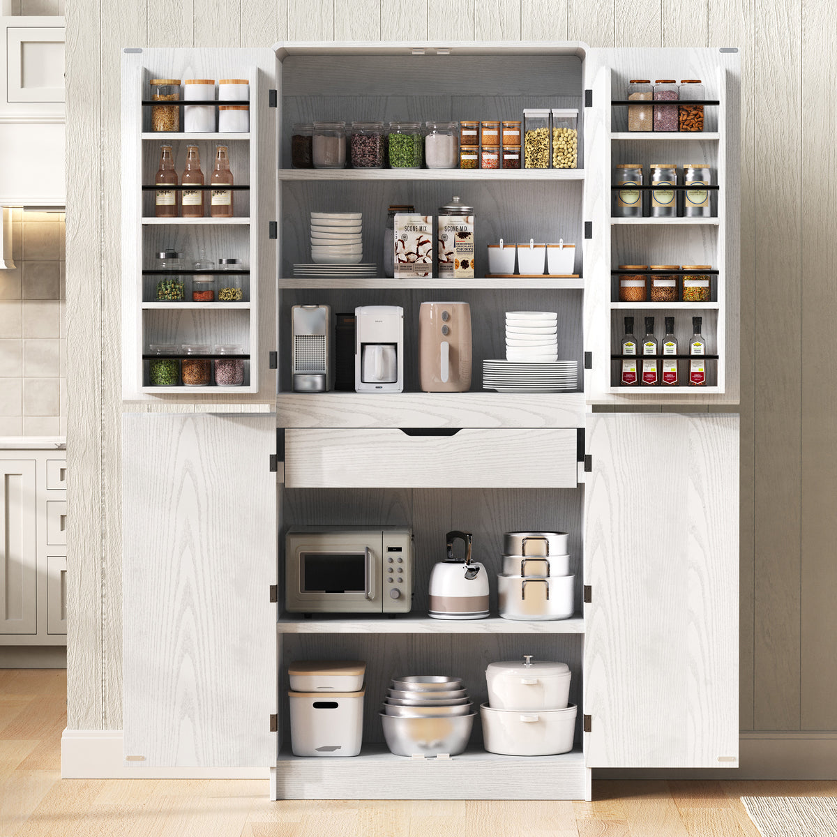 variant-group:rf-n707s000021w|Roomfitters 72" Tall Farmhouse Kitchen Pantry Cabinet with Curved Profile & 8 Door Shelves, White