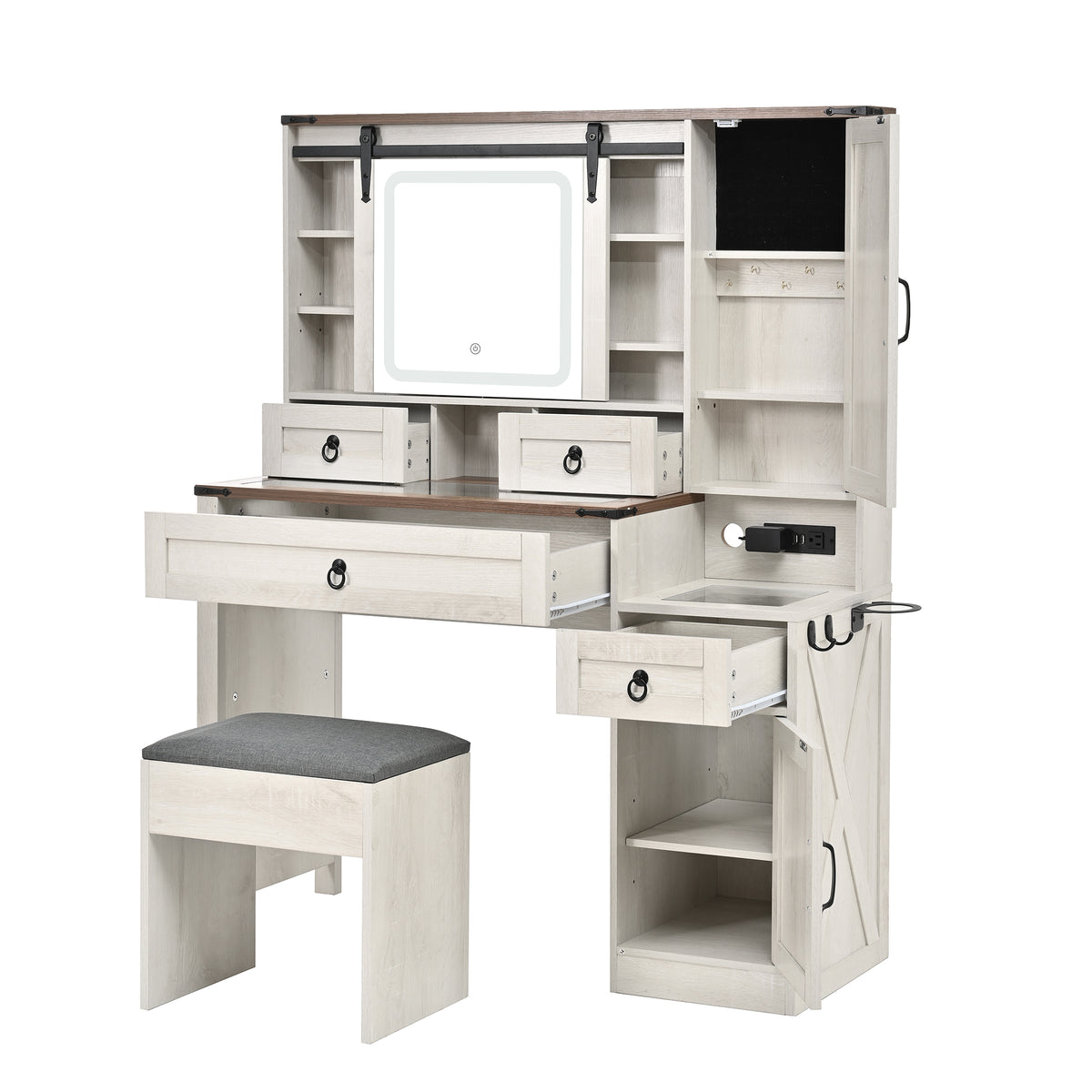 variant-group:rf-n733p340562k|Roomfitters Farmhouse Vanity Desk with Sliding Mirror & Lights, Glass Top, Charging Station, 4 Drawers, 2 Cabinets, Stool, White