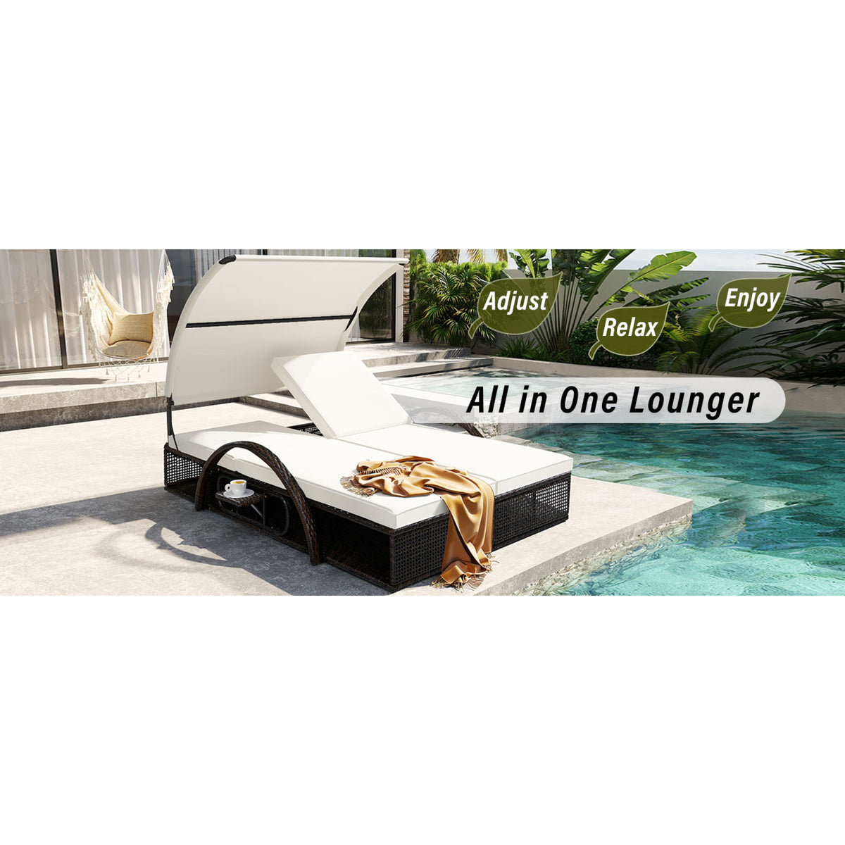 variant-group:rf-n711wy000485aaa|Roomfitters Beige HDPE Wicker Outdoor Double Sunbed, Steel Frame Patio Chaise, Hidden Side Tables, Canopy Shade