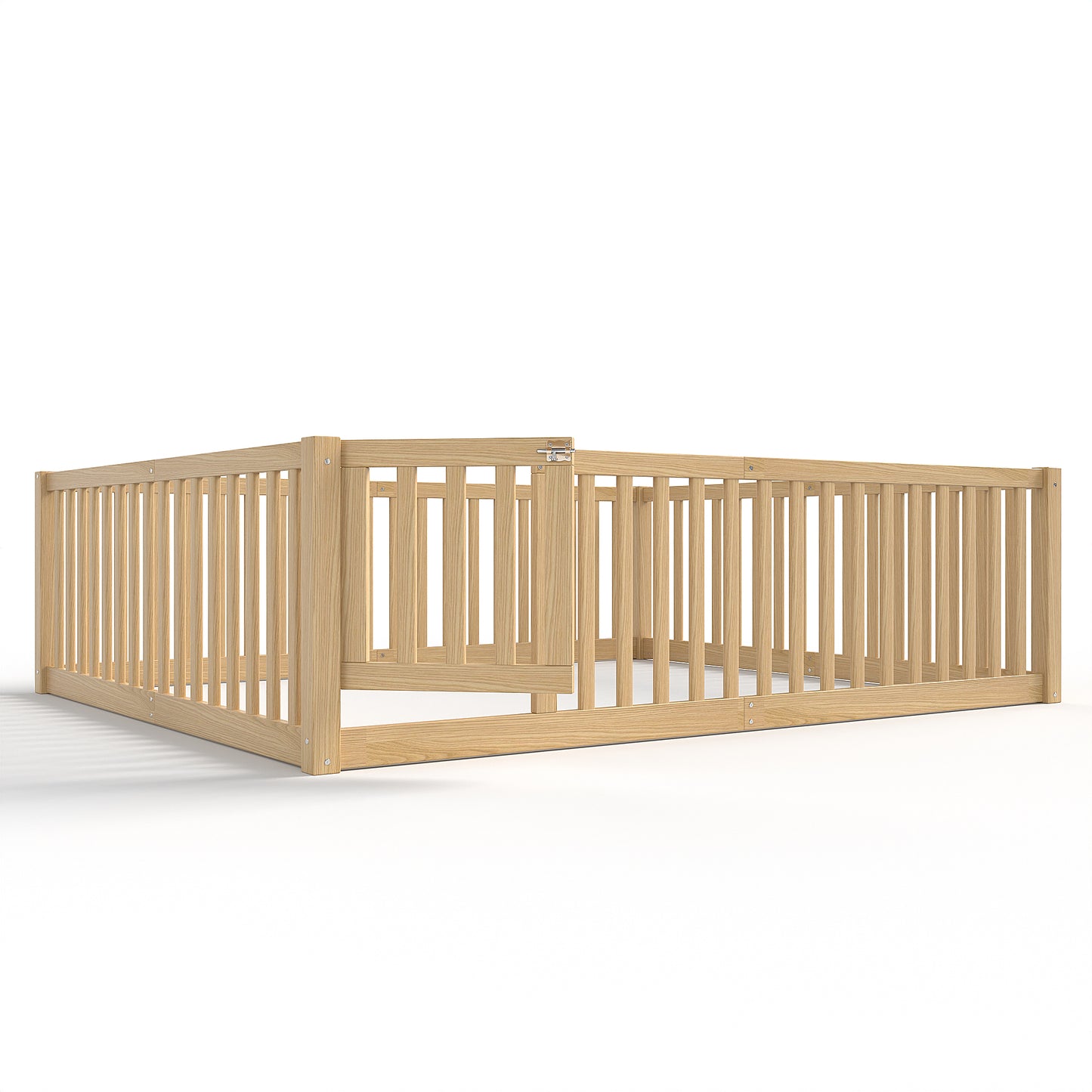 variant-group:rf-w1580p417673|Roomfitters Queen Size Wooden Floor Bed with Safety Guardrails Door, Solid Wood Low Profile Toddler Bed Frame, Natural