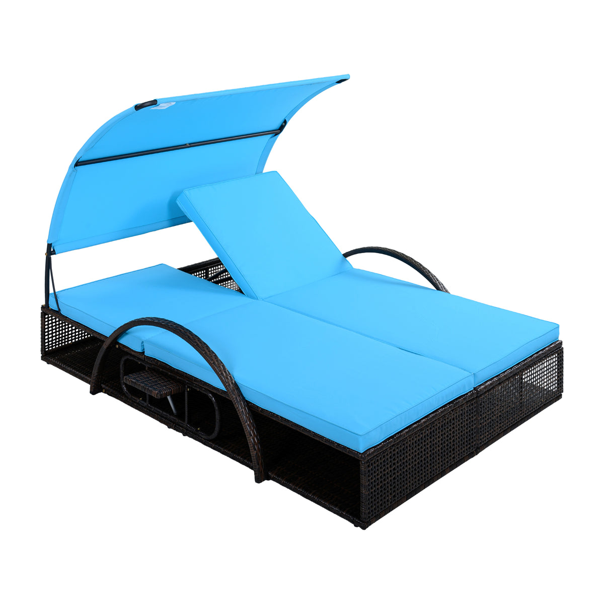 variant-group:rf-n711wy000485aac|Roomfitters Blue HDPE Wicker Outdoor Double Sunbed, Steel Frame Patio Chaise, Hidden Side Tables, Canopy Shade