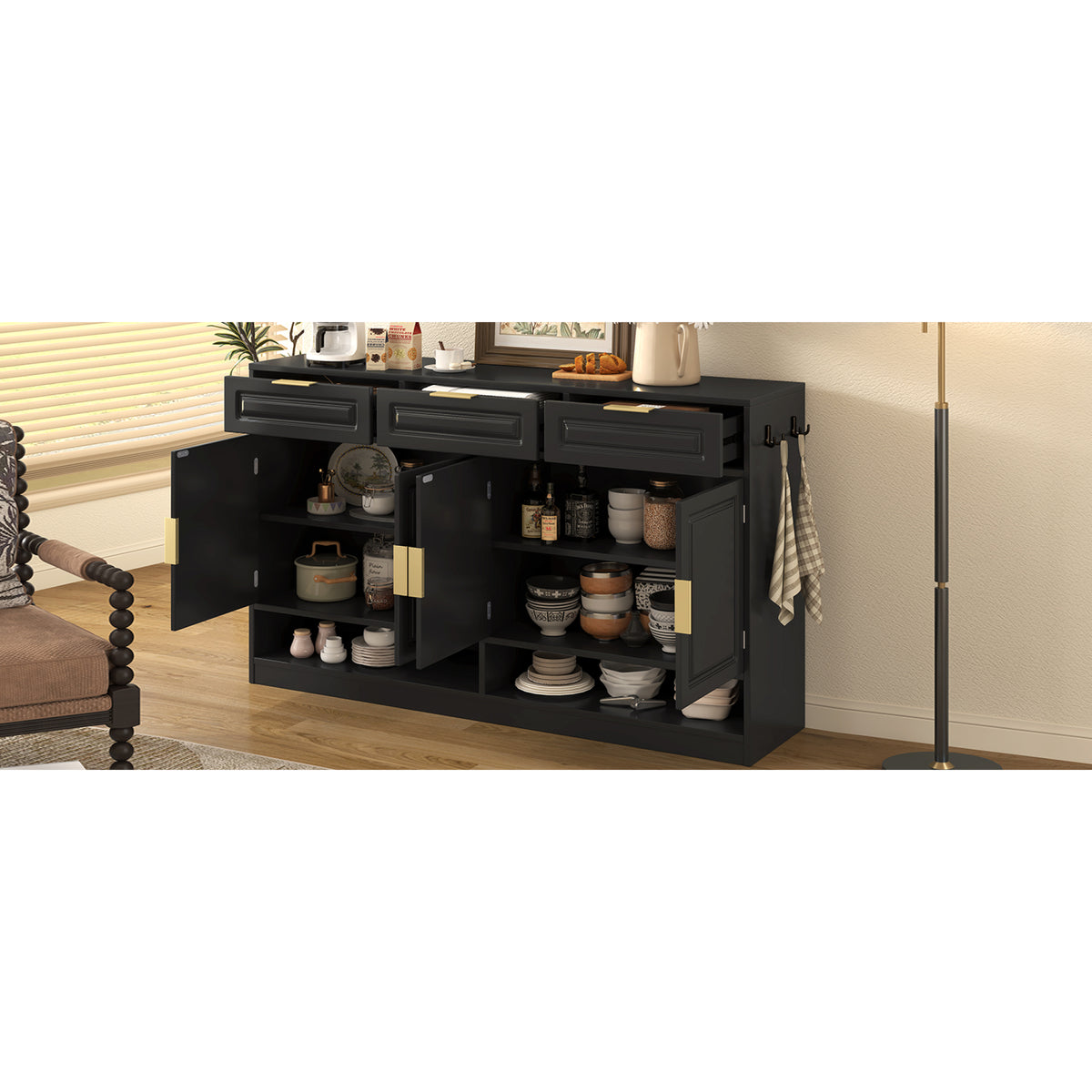 variant-group:rf-n711p345213b|Roomfitters 59.1" Farmhouse Sideboard Buffet Cabinet with 3 Drawers and 4 Doors, Kitchen Storage with Open Shelf, Black