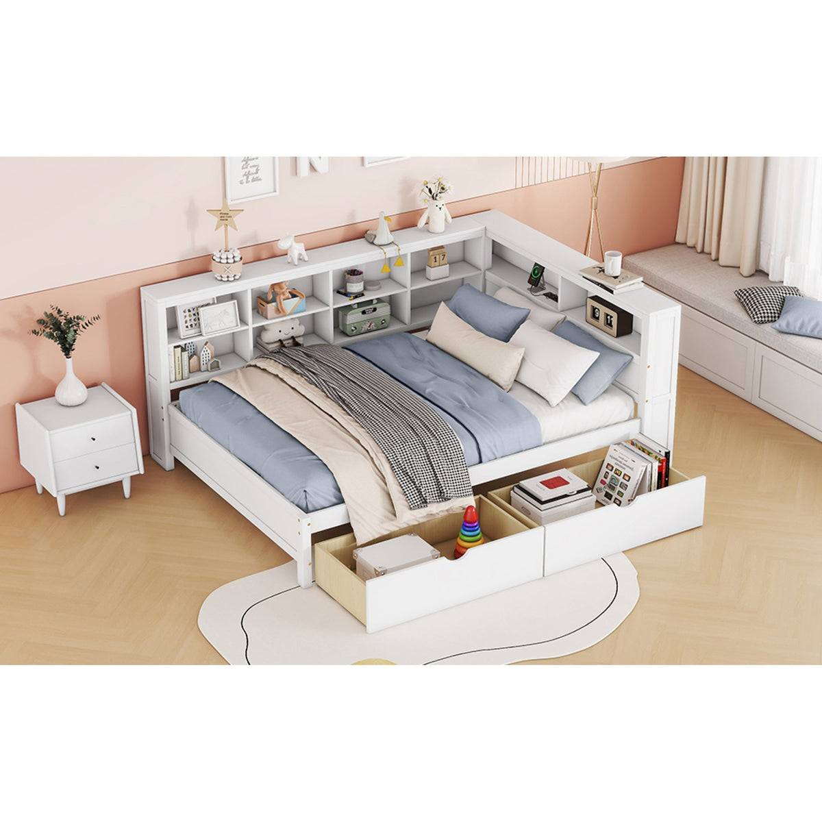 Roomfitters Wooden Full Daybed with Underbed Storage, Built-In Shelf & USB Charging Ports, White