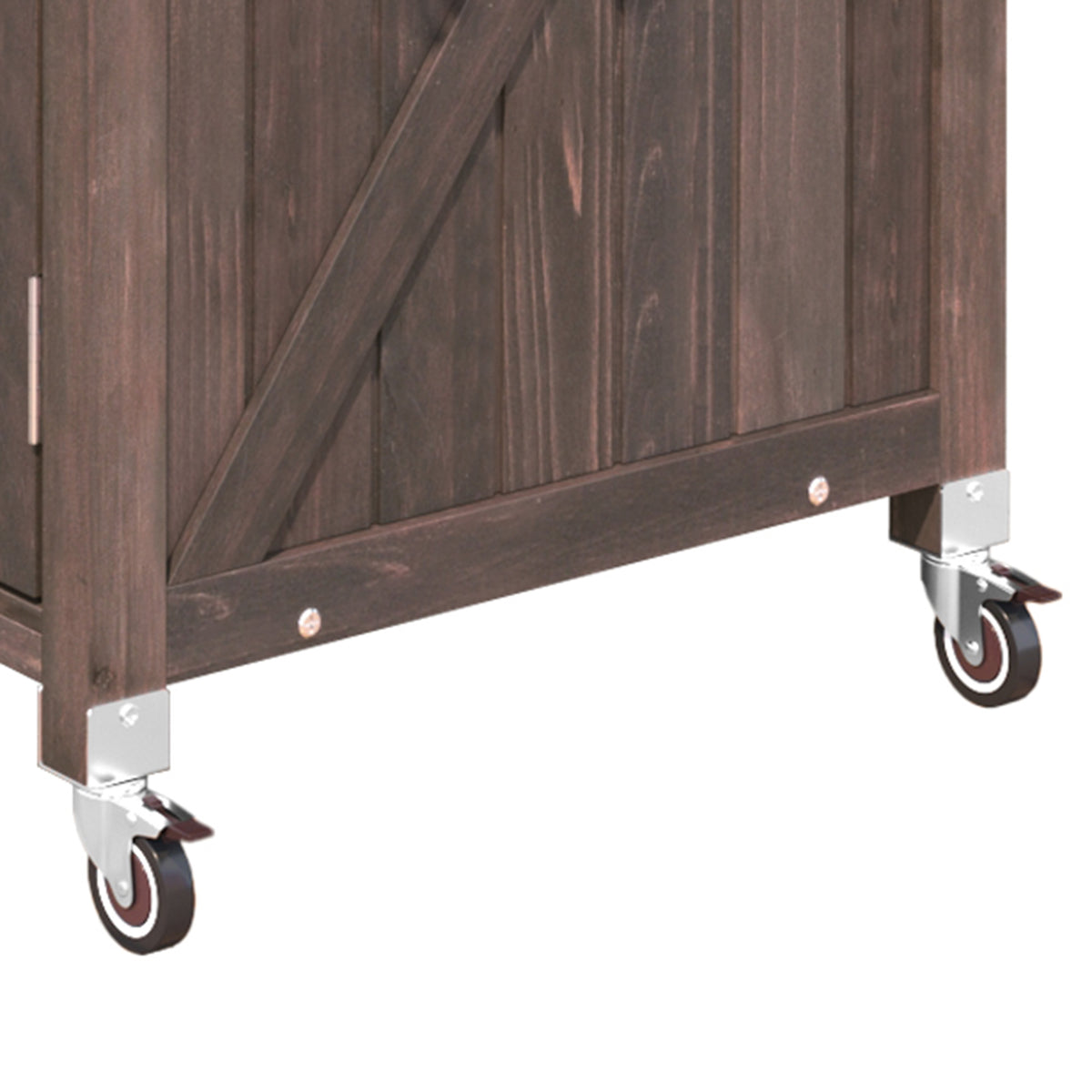 variant-group:rf-n707p250628z|Roomfitters 53.3" Outdoor Kitchen Island with Raised Shelf, Wood Storage Cabinet, Stainless Steel Top, Rolling Grill Cart, Brown