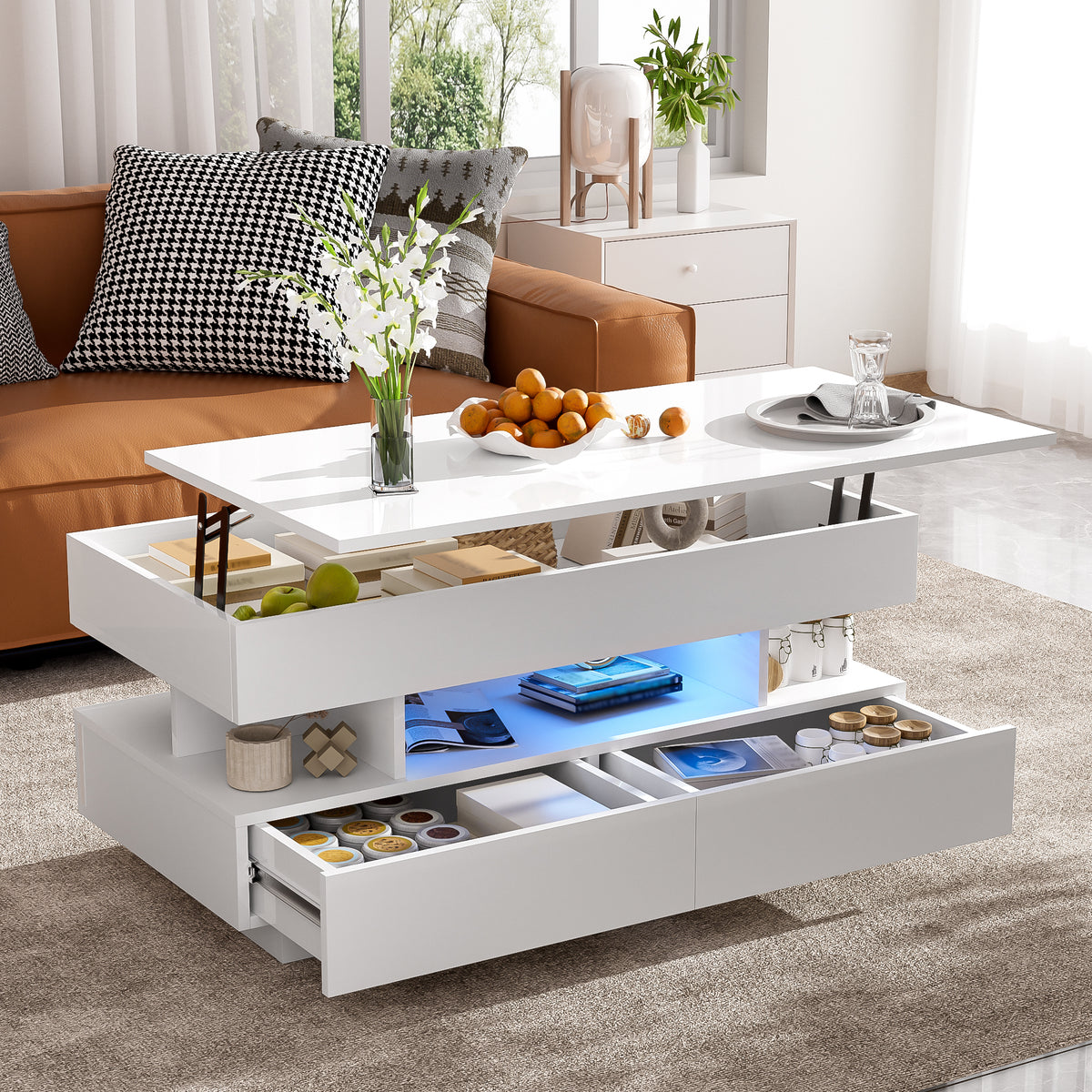 variant-group:rf-n724p290058k|Roomfitters Lift-Top Coffee Table with Hidden Storage and 2 Drawers, Multi-Functional Modern Table, White