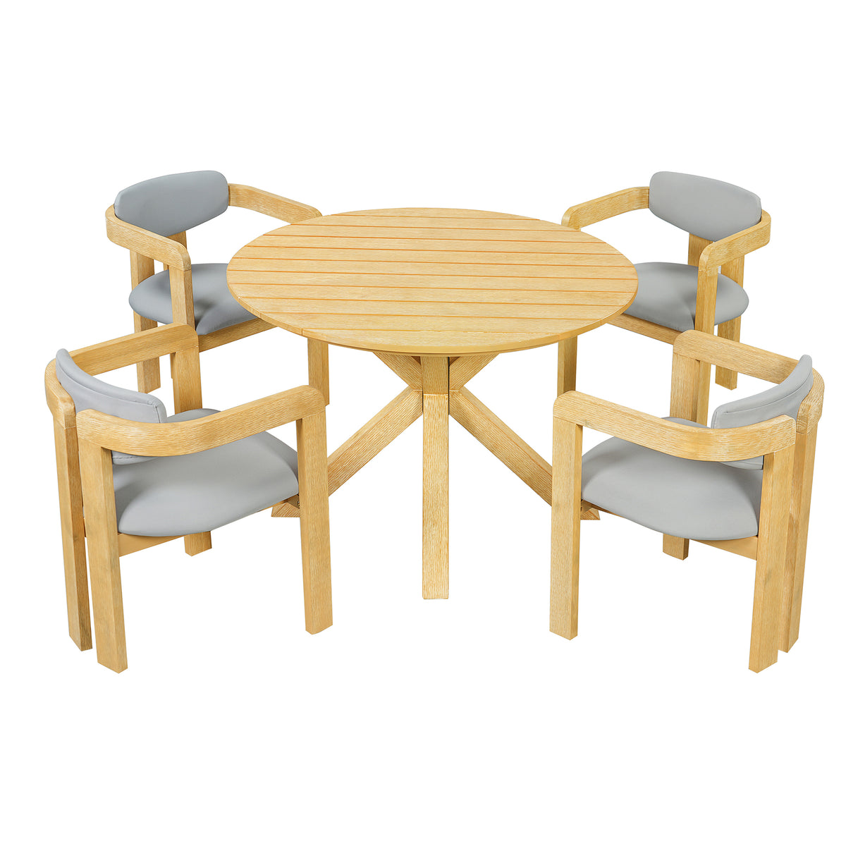 variant-group:rf-n704g201258l|Roomfitters 5-Piece Outdoor Acacia Wood Round Dining Set with Ergonomic Barrel Armchairs Gray Cushions