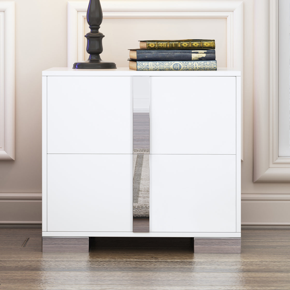 variant-group:rf-n733p307938w|Roomfitters Elegant Mirrored Nightstand with 2 Drawers and Metal Handle, Bedside Table for Bedroom or Living Room, White