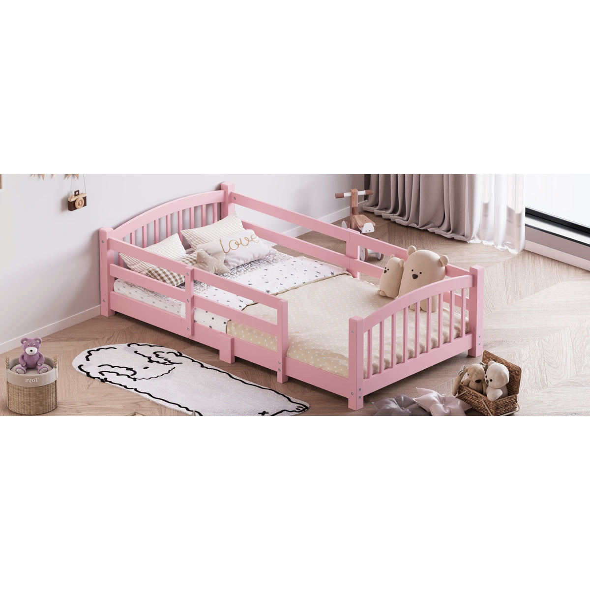 variant-group:rf-n733p400298h|Roomfitters Twin Montessori Floor Bed with Guardrails, Solid Wood Low Platform Bed with Slats, Easy Assembly, Pink