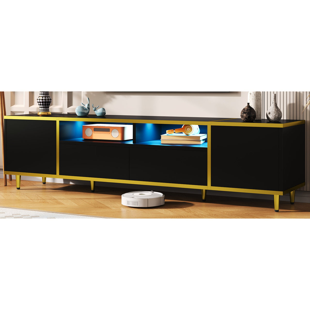 Roomfitters Modern TV Stand for up to 80 Inch TV, Entertainment Console with LED Shelves, Drawers and Cabinets, Black Roomfitters