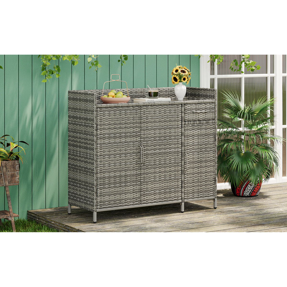 variant-group:rf-n707p233745g|Roomfitters 47.5" Wicker Outdoor Storage Cabinet, Rattan Bar Table with Glass Top, Adjustable Shelf, 3 Doors, Grey