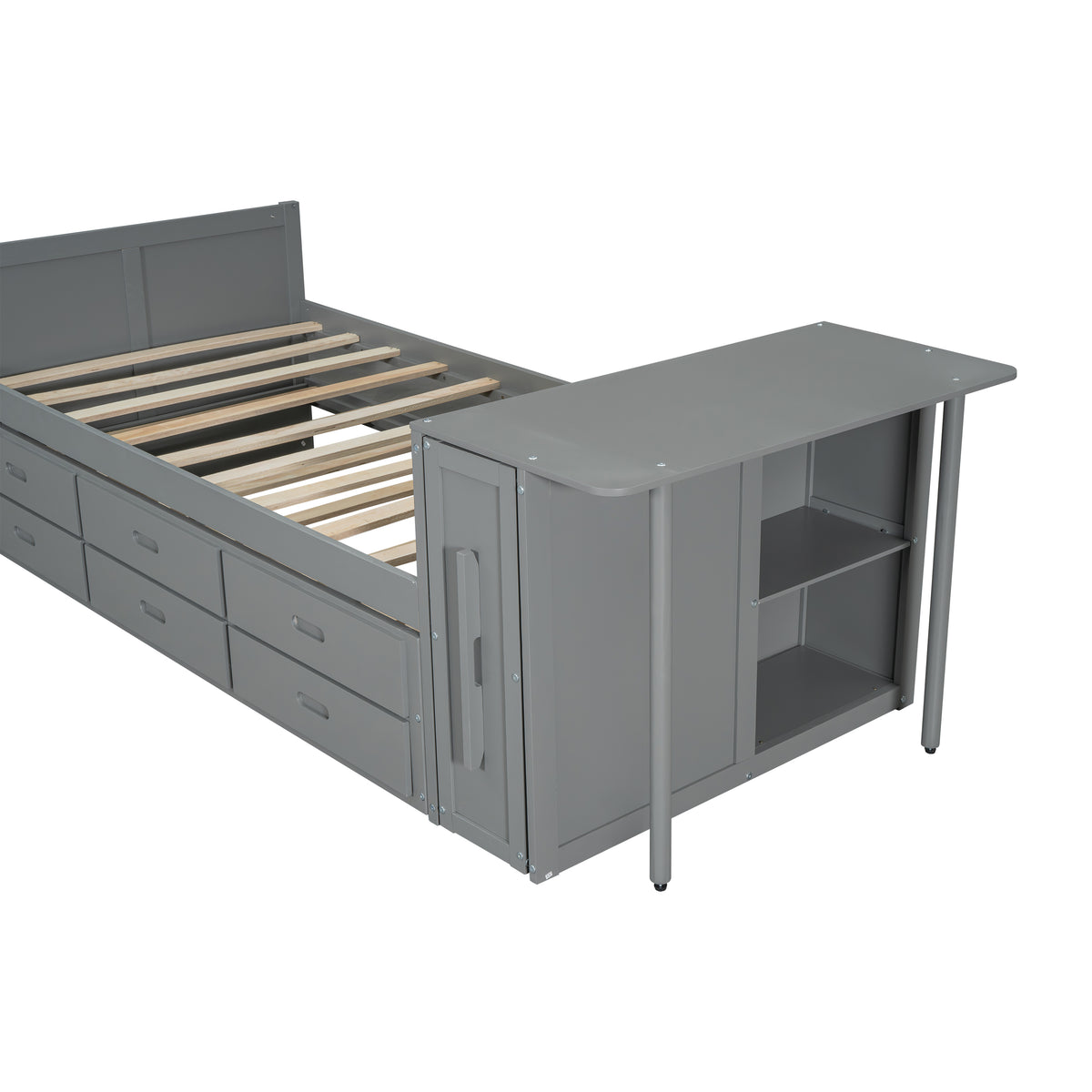 variant-group:rf-n733s212832e|Roomfitters Twin Size Multifunctional Wood Platform Bed with Desk and Storage Shelf, Built-in Trundle and Storage, Grey