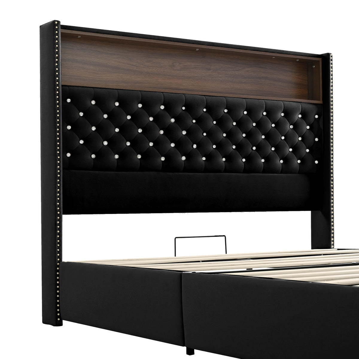 variant-group:rf-n733p367135b|Roomfitters Queen Velvet Tufted Platform Bed with Charging Ports, Tall Wingback Headboard with Rivet Trim and Shelf, Black