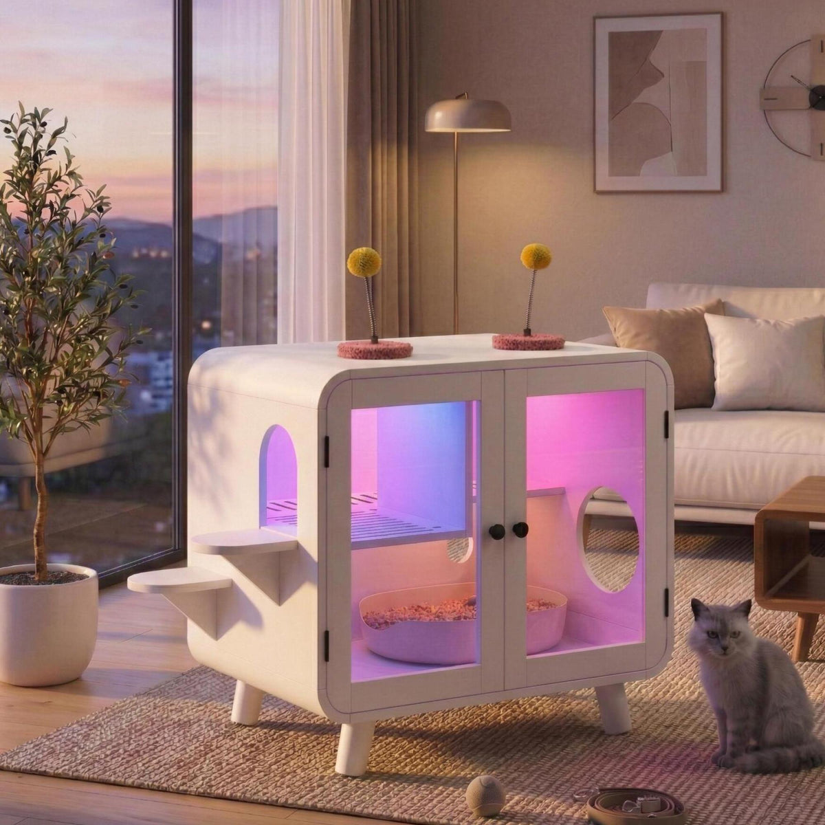 variant-group:rf-n704p419240k|Roomfitters Retro TV-Style Hidden Cat Litter Box Enclosure with App Controlled RGB LED Lights and Stairs White