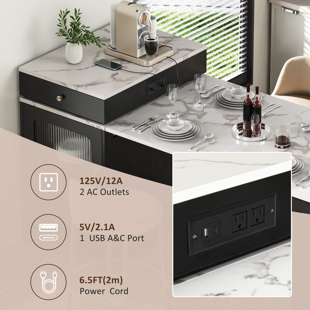 variant-group:rf-n707s000017b|Roomfitters 59.5" Kitchen Island with 41.8" Extendable Dining Table, Double-Sided Storage, Power Outlet, 2 Drawers, Black