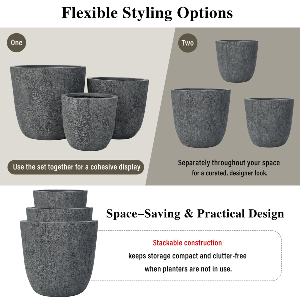 variant-group:rf-n711p406660e|Roomfitters Lightweight MGO Planter Set of 3, Round Weather Resistant Outdoor Indoor Flower Pots for Garden Patio, Gray