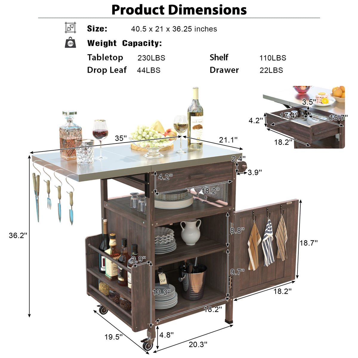 variant-group:rf-n707p228272z|Roomfitters 40.5" Outdoor Grill Cart with Stainless Steel Top, Wood Storage Cabinet, Drop Leaf, Rolling Cart, Brown