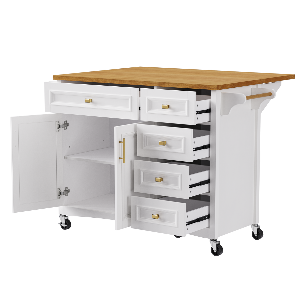 variant-group:rf-n707p195393w|Roomfitters 52" Kitchen Island with Drop Leaf, Rolling Kitchen Cart with Storage Cabinet, Spice Rack, Towel Rack, Adjustable Shelf, White