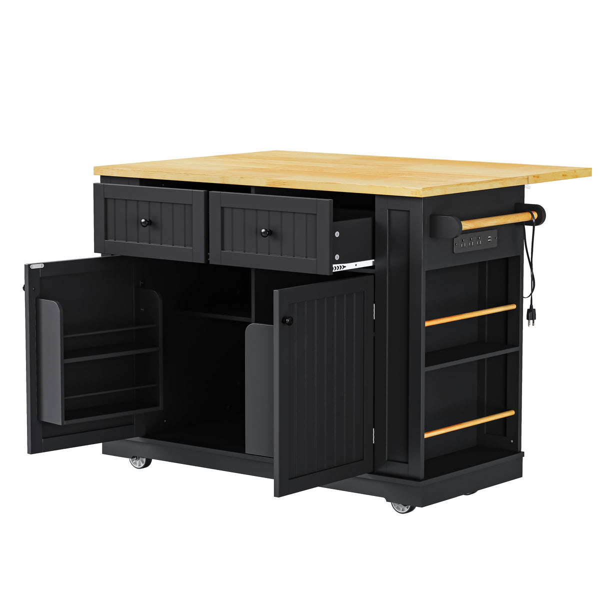 variant-group:rf-n707s257057b|Roomfitters 48" Kitchen Island with Power Outlet and Drop Leaf, Rolling Storage Cabinet with Wood Top and Spice Rack, Black