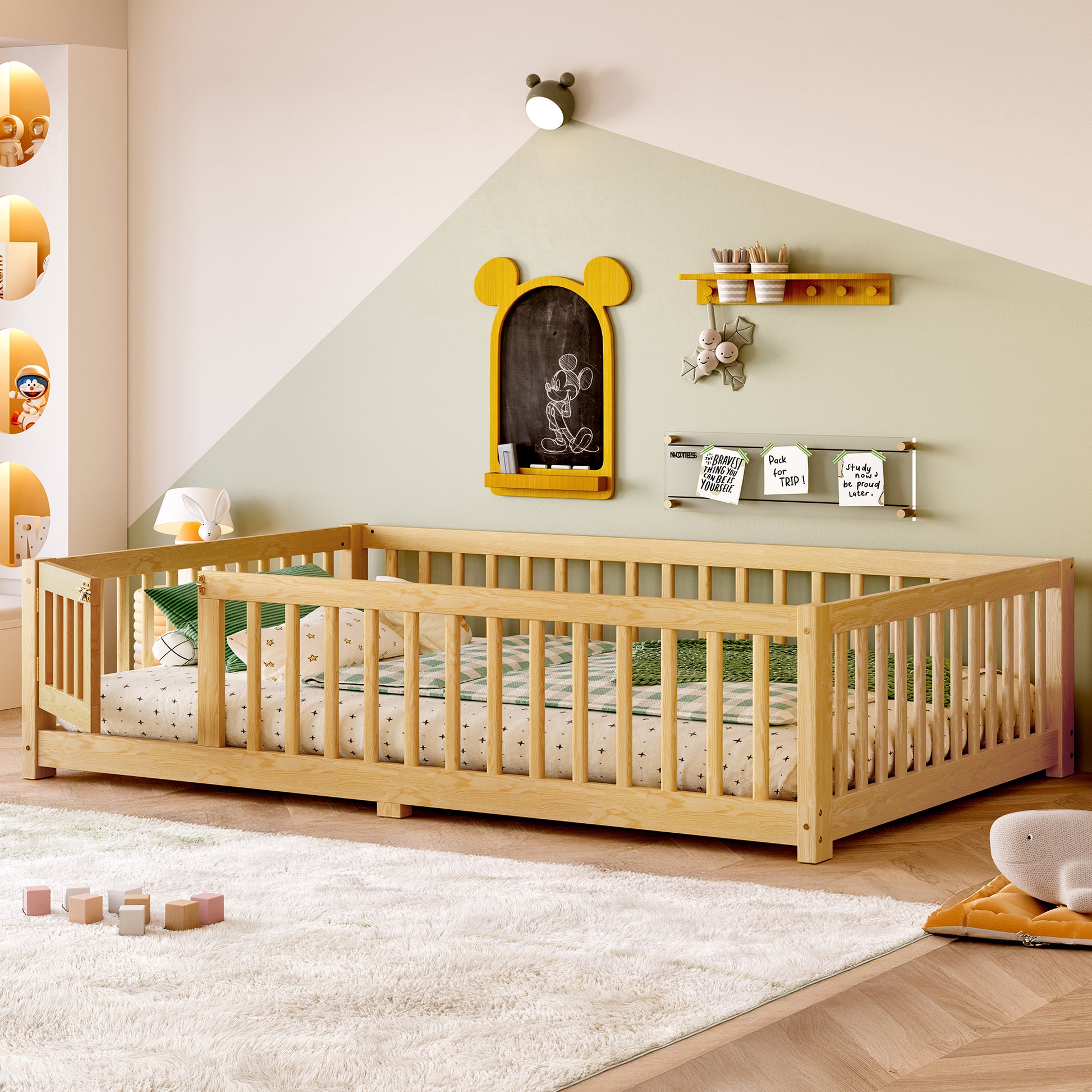 variant-group:rf-w1580p338952|Roomfitters Wooden Full Floor Bed Frame with Door & Safety Guardrails, Low Platform Design for Bedroom or Playroom, Natural