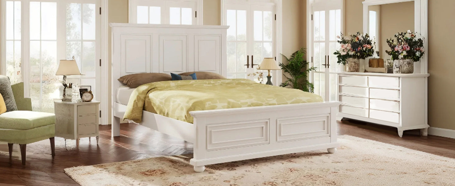 variant-group:rf-n701bs701p422951k|Roomfitters King Size Traditional Pinewood Vintage Tall Headboard Bed Frame, Country Panel Wood Bed, No Box Spring, White