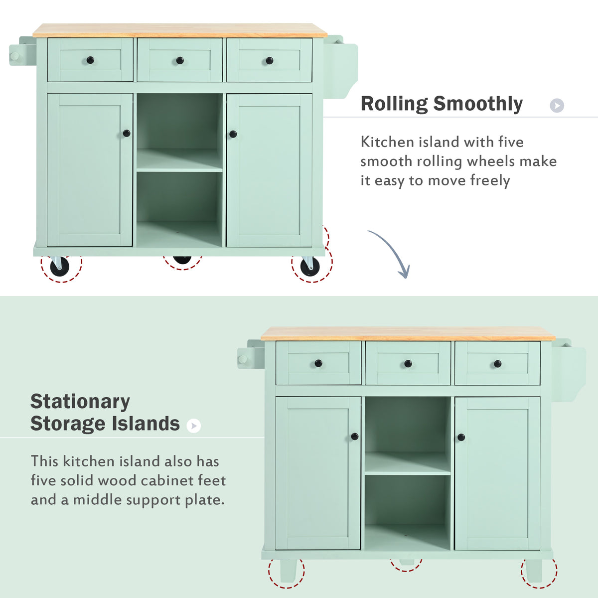 variant-group:rf-n707wf298028aae|Roomfitters Kitchen Cart with Rubber Wood Drop-Leaf Countertop, Cabinet Door Storage Racks, 5-Wheel Kitchen Island with Storage Cabinet & 3 Drawers, Mint Green