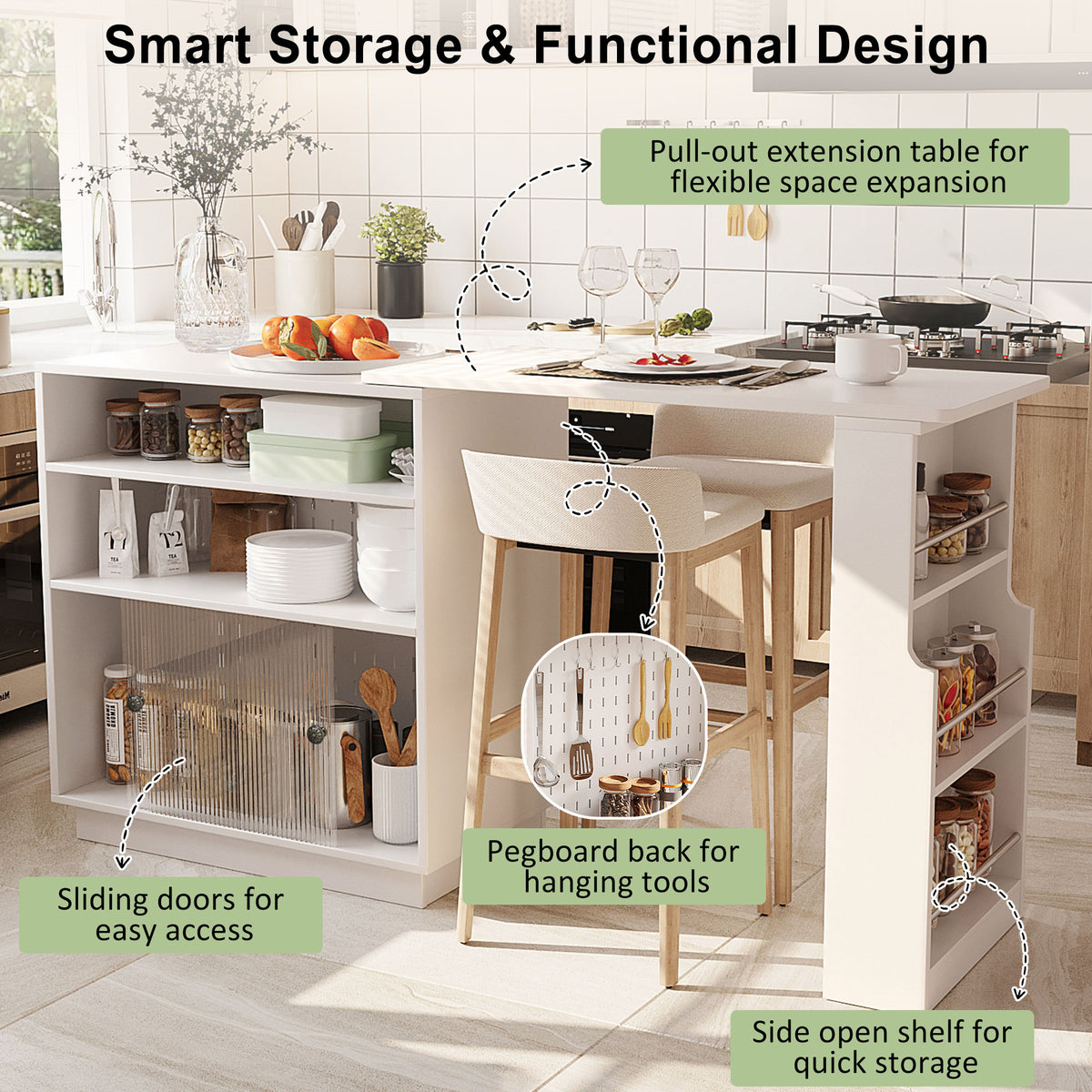 variant-group:rf-n711p437809k|Roomfitters White MDF Counter Height Kitchen Island Sideboard Cabinet, Extendable Table, Acrylic Sliding Doors