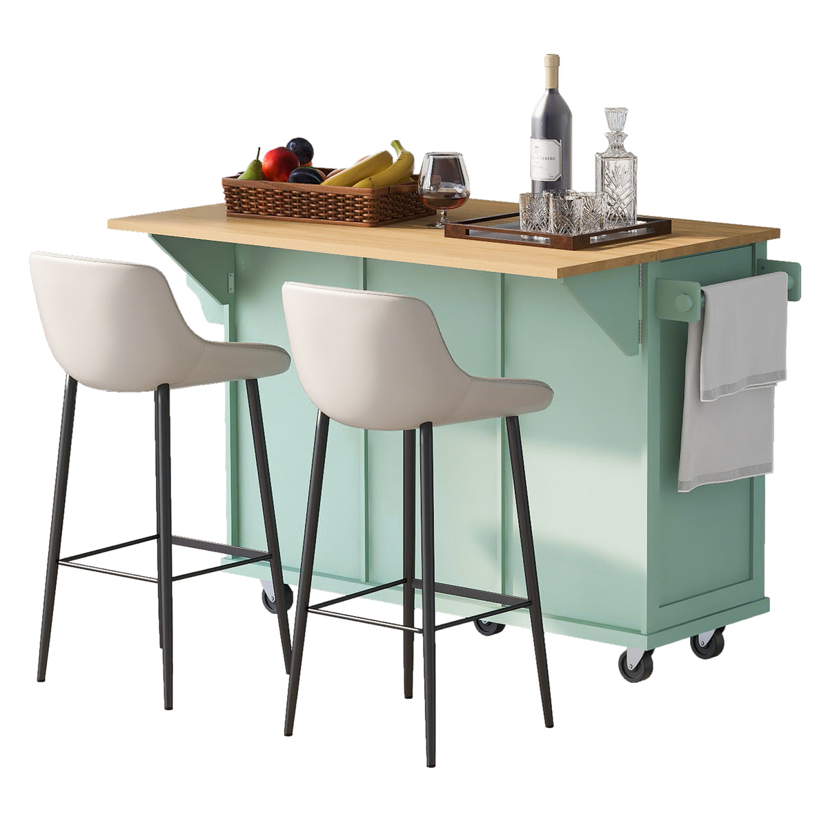 variant-group:rf-n707wf298028aae|Roomfitters Kitchen Cart with Rubber Wood Drop-Leaf Countertop, Cabinet Door Storage Racks, 5-Wheel Kitchen Island with Storage Cabinet & 3 Drawers, Mint Green