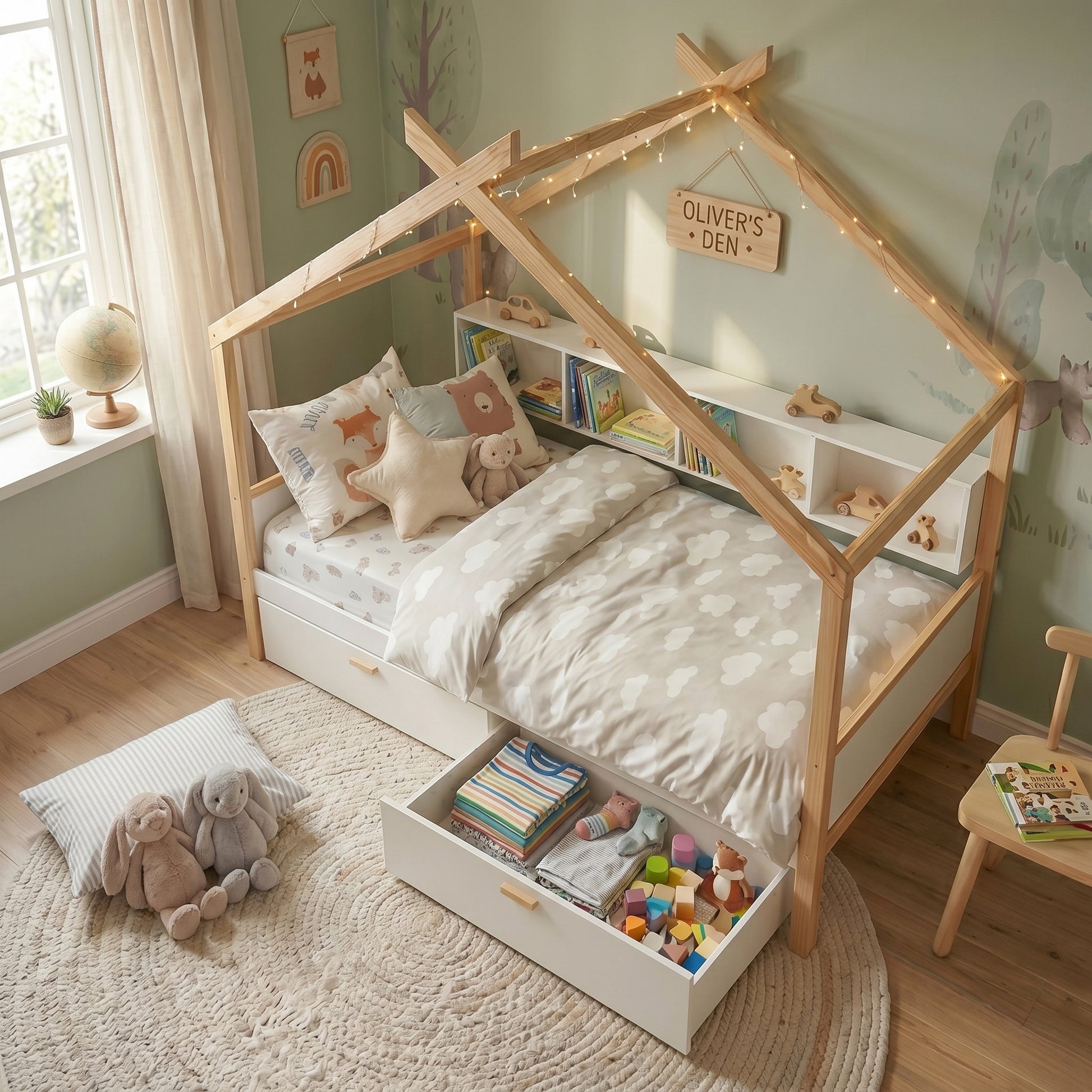 variant-group:rf-n701p443466k|Roomfitters Twin Size Wooden House Bed Frame with 2 Drawers, Bookshelf Storage Furniture, No Box Spring, White Natural