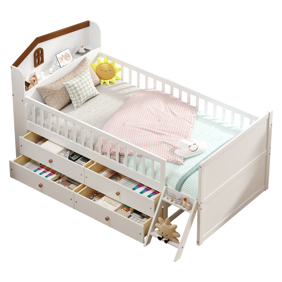 variant-group:rf-n733s278032k|Roomfitters Twin Platform Bed Frame with Four Drawers, Wooden Kids Bed with Guardrail Headboard and Ladder, White