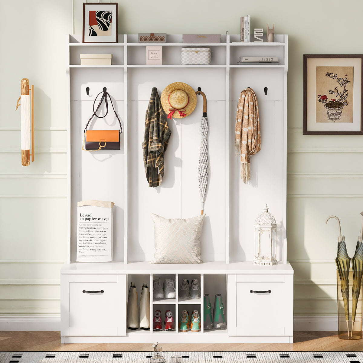 variant-group:rf-n724p235232k|Roomfitters 5-in-1 Entryway Bench with Coat Rack, Hooks, Drawers and Adjustable Shelves, Hall Tree for Hallway or Living Room, White