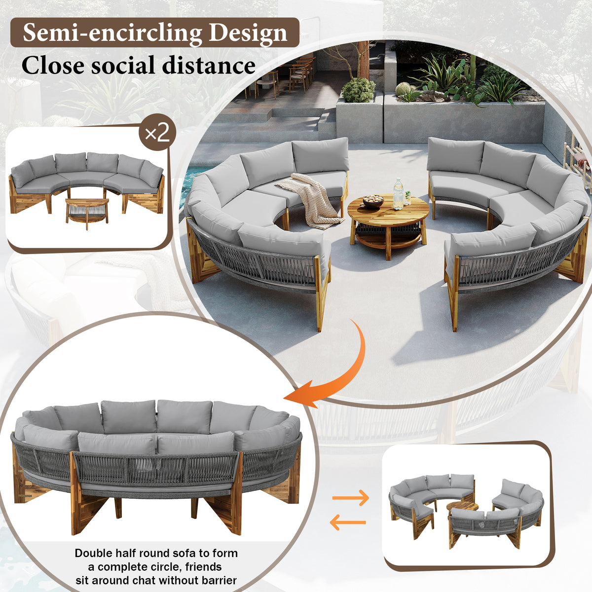 variant-group:rf-n711wy000468aae|Roomfitters 3-Piece Outdoor Sofa Set for 6, Half-Moon Patio Conversation Set, Grey Cushions, Rope Woven Steel Sectional