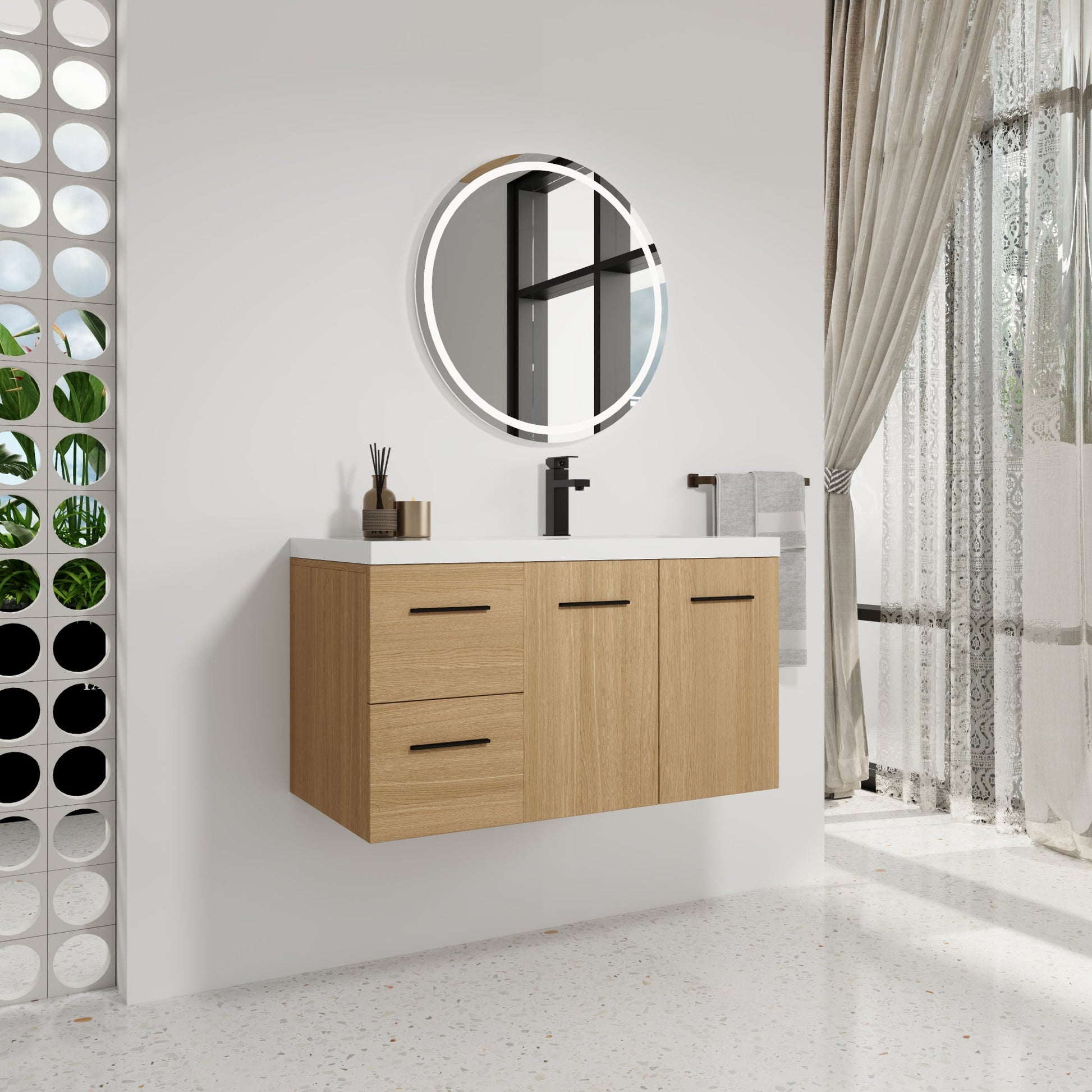 36" Wall-Mounted Floating Bathroom Vanity with Sink, Light Oak, 2-Door & 2-Drawer Modular Cabinet, Gel Coat Sink Top, 3 Boxes Roomfitters