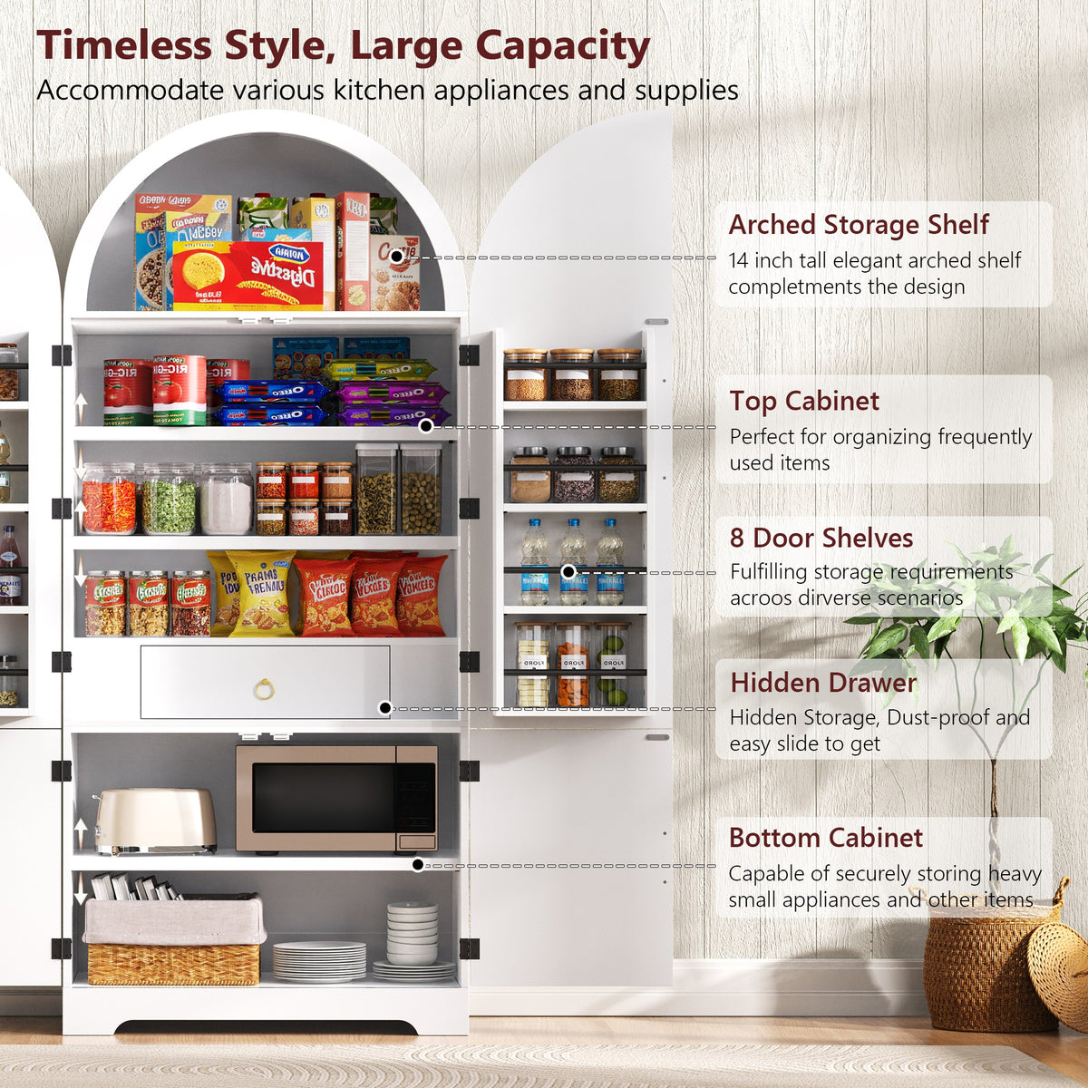 variant-group:rf-n707s000020w|Roomfitters 72" Tall Arched Kitchen Pantry Cabinet with Fluted Doors & Hidden Drawer, White