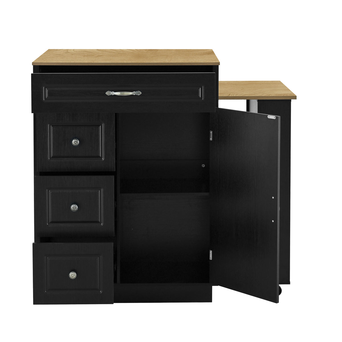 variant-group:rf-n711wy000493aab|Roomfitters Black and Natural Wood MDF Extendable Bar Cabinet, Rolling Kitchen Island Table, Wine Rack Storage