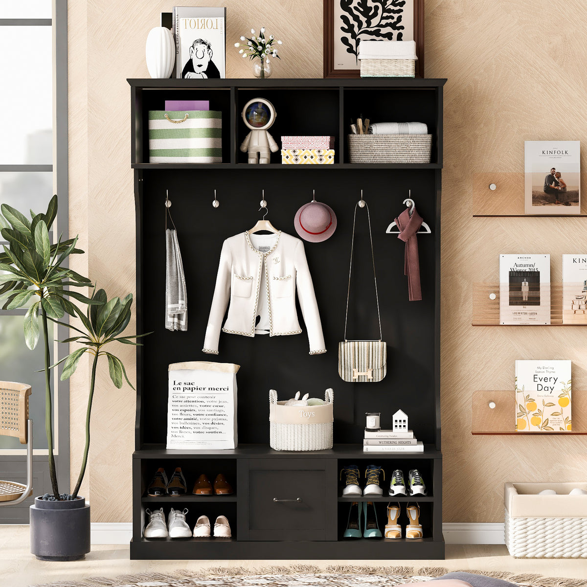 variant-group:rf-n724p264673b|Roomfitters 3-in-1 Hall Tree with 6 Hooks, Coat Rack and Entryway Bench, 57" Organizer with Drawer for Hallway or Living Room, Black